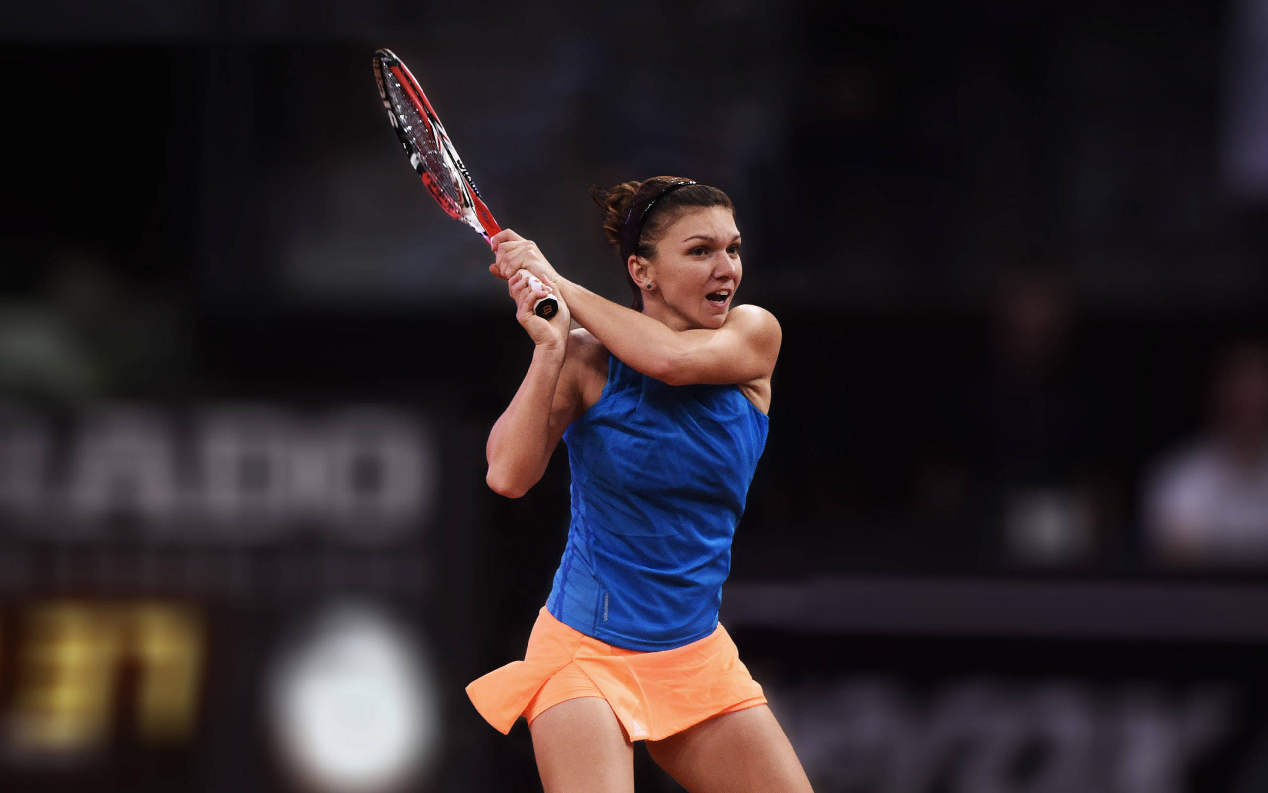 Simona Halep, racket, blue and orange, 2K Desktop Wallpaper