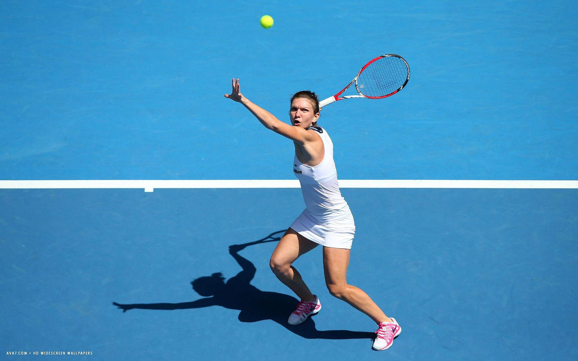 Simona Halep, blue court, white attire, Full HD Desktop Wallpaper
