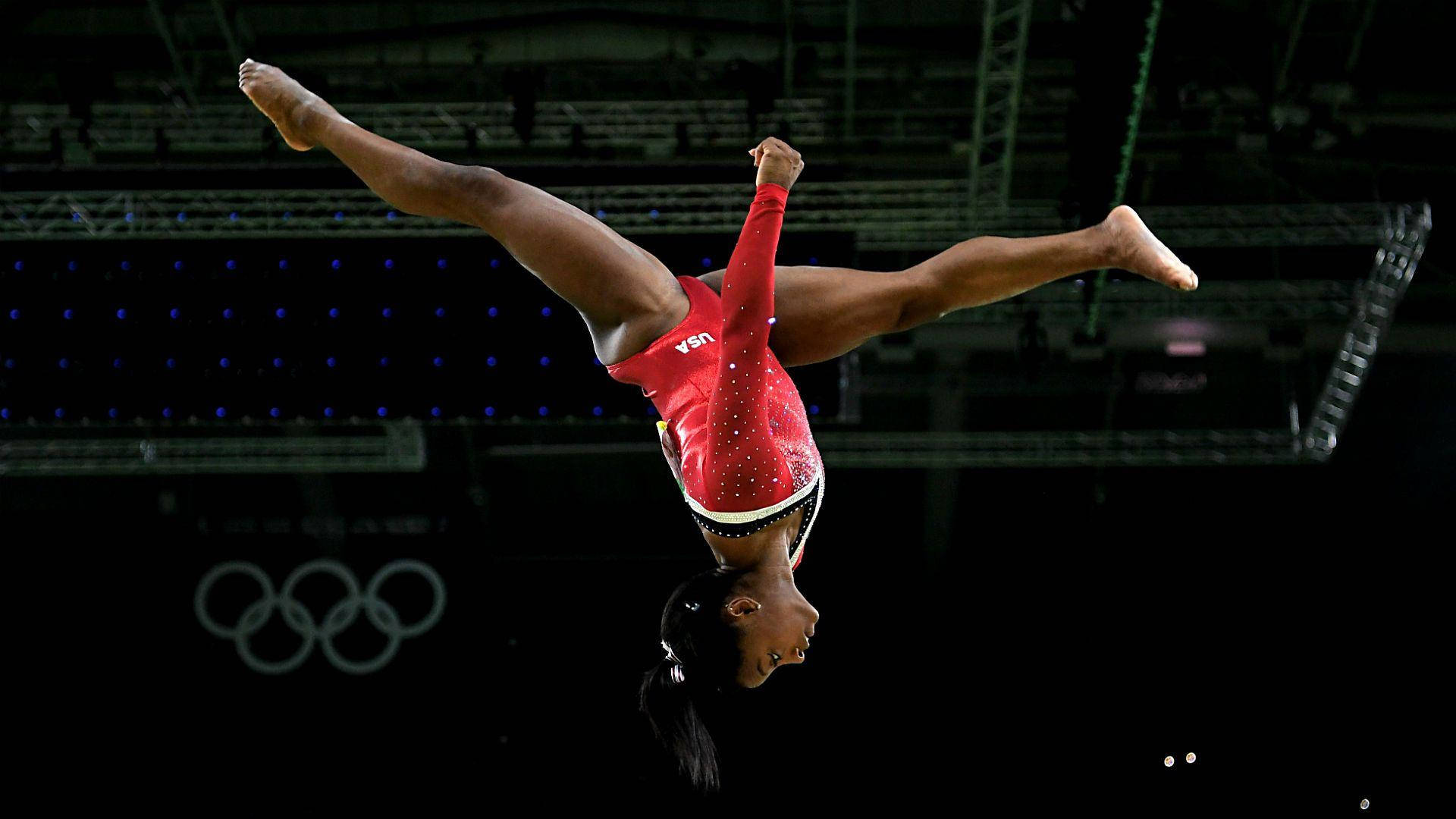 Simone Biles, red leotard, balance beam, Full HD Desktop Wallpaper