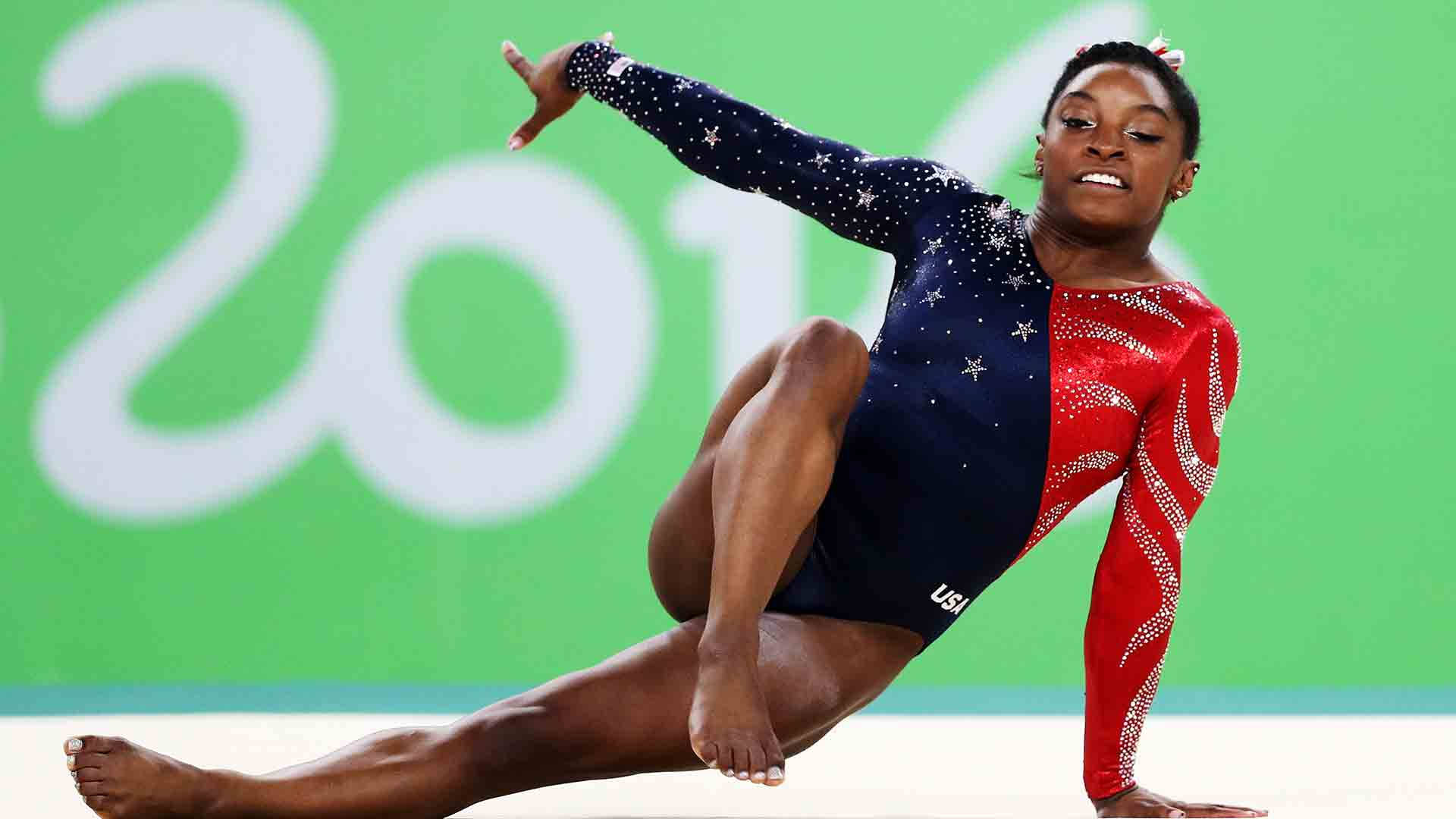 Simone Biles, red and blue star-spangled leotard, floor routine, Full HD Desktop Wallpaper