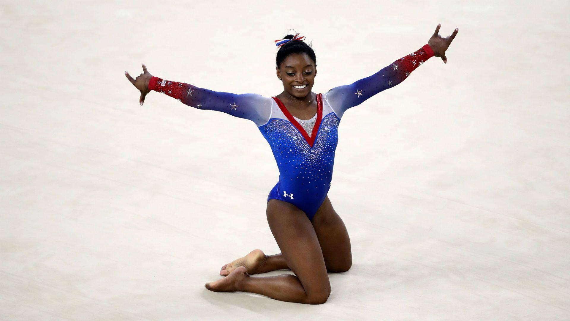 Simone Biles, 3-time Olympic Champions, star-spangled leotard, Full HD Desktop Wallpaper