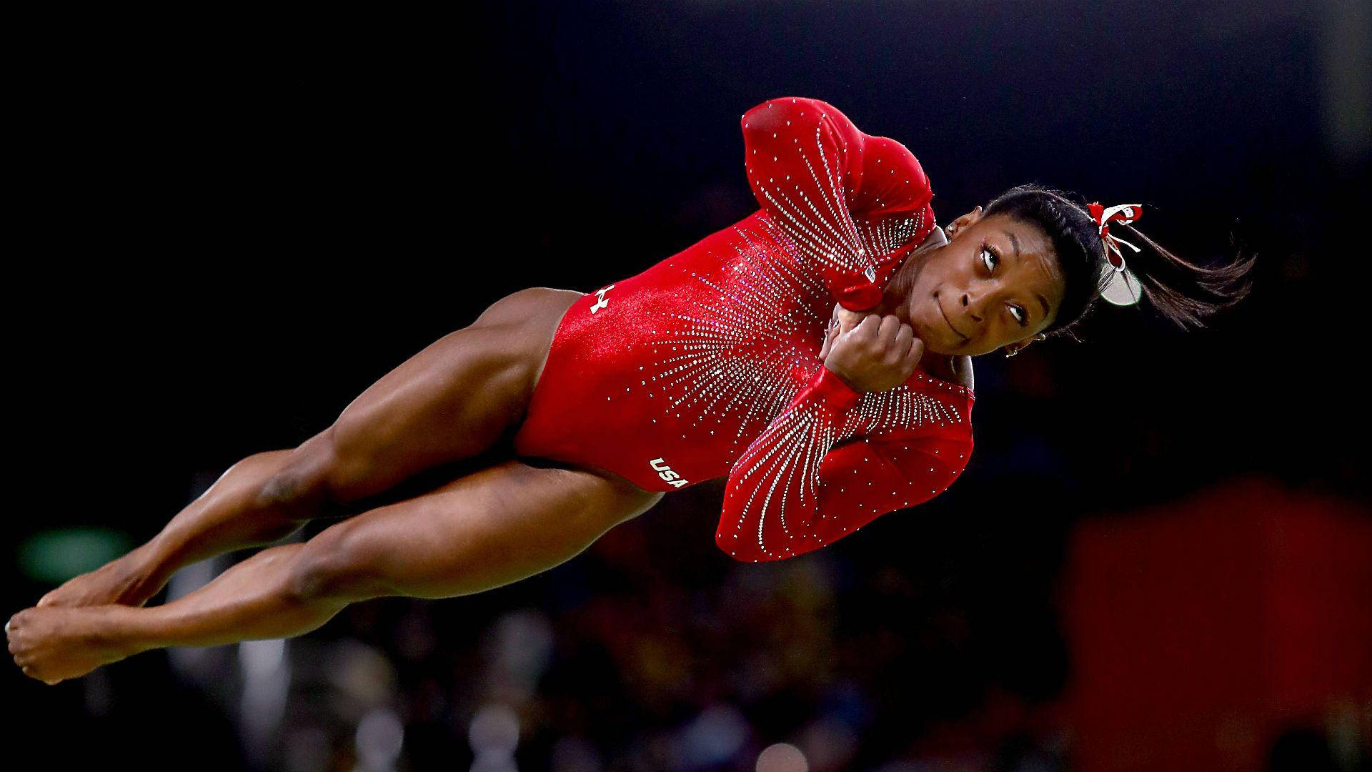 Simone Biles, red sparkly leotard, aerial flip, Full HD Desktop Wallpaper