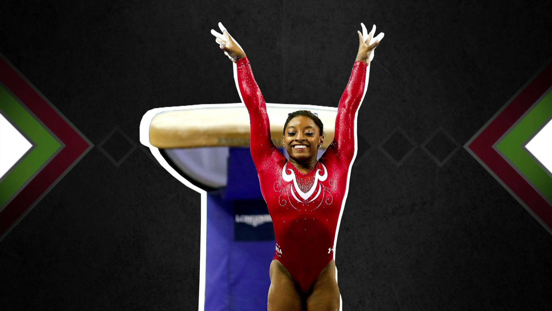 Simone Biles, red leotard, balance beam, Full HD Desktop Wallpaper