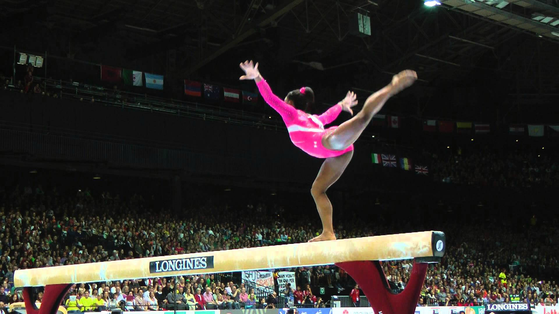 Simone Biles, bright pink leotard, balance beam, Full HD Desktop Wallpaper