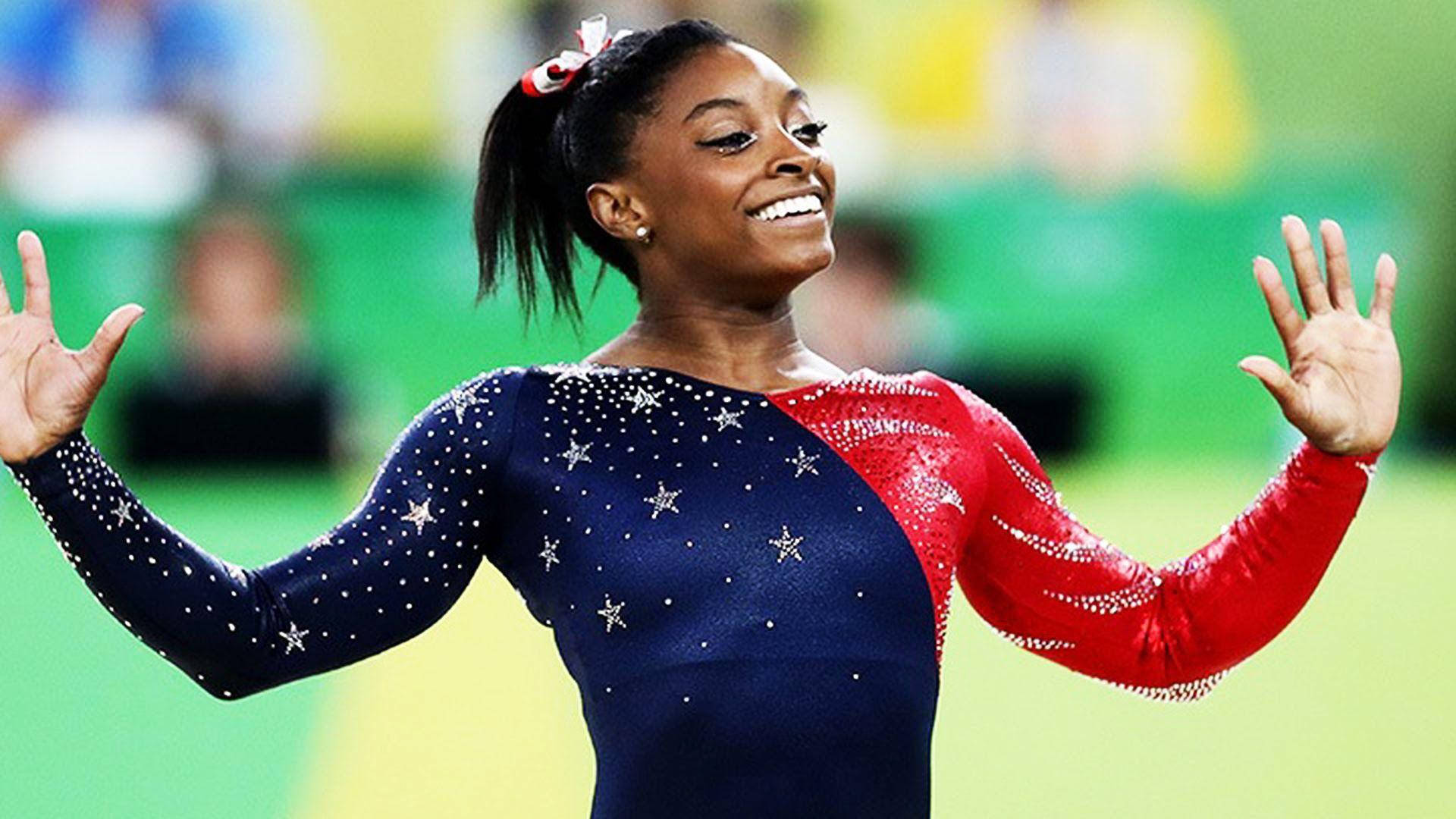 Simone Biles, blue and red costume, star-spangled leotard, Full HD Desktop Wallpaper