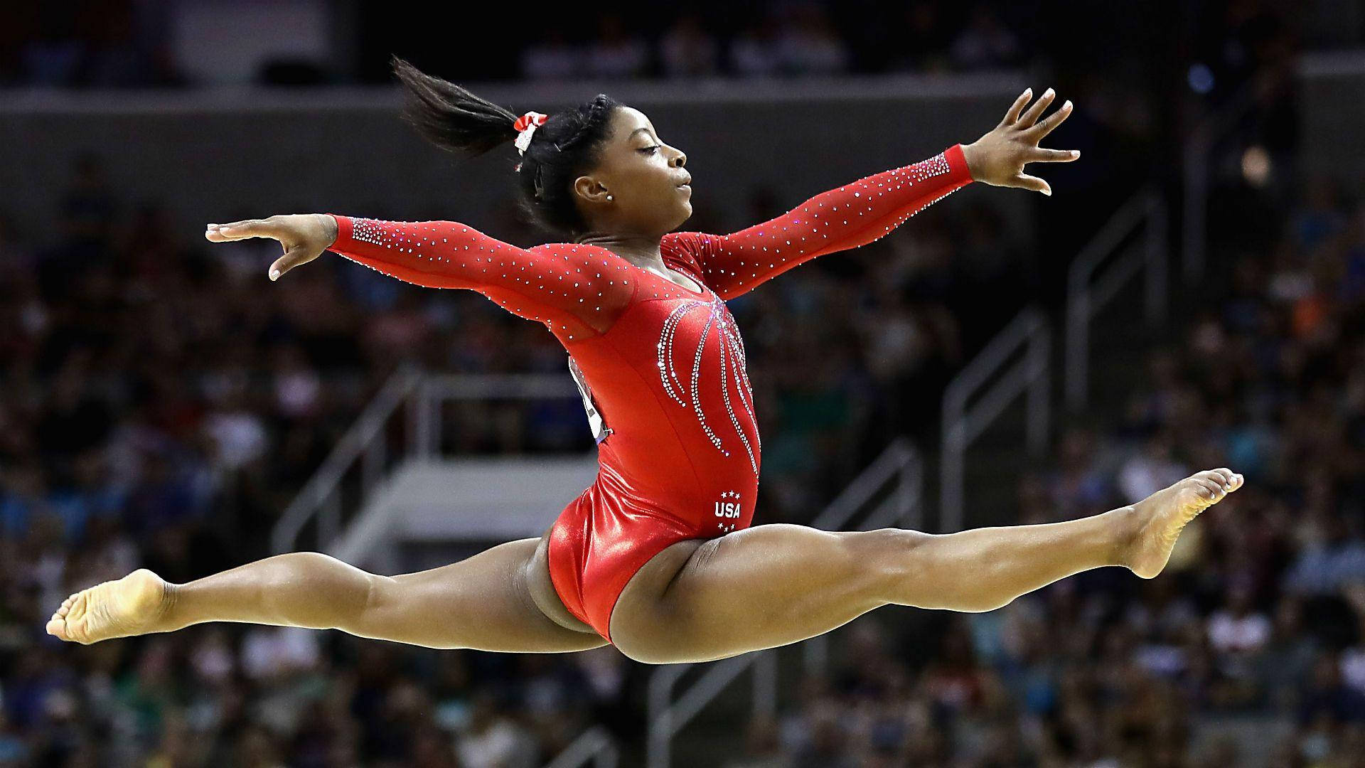 Simone Biles, red leotard, split leap, Full HD Desktop Wallpaper