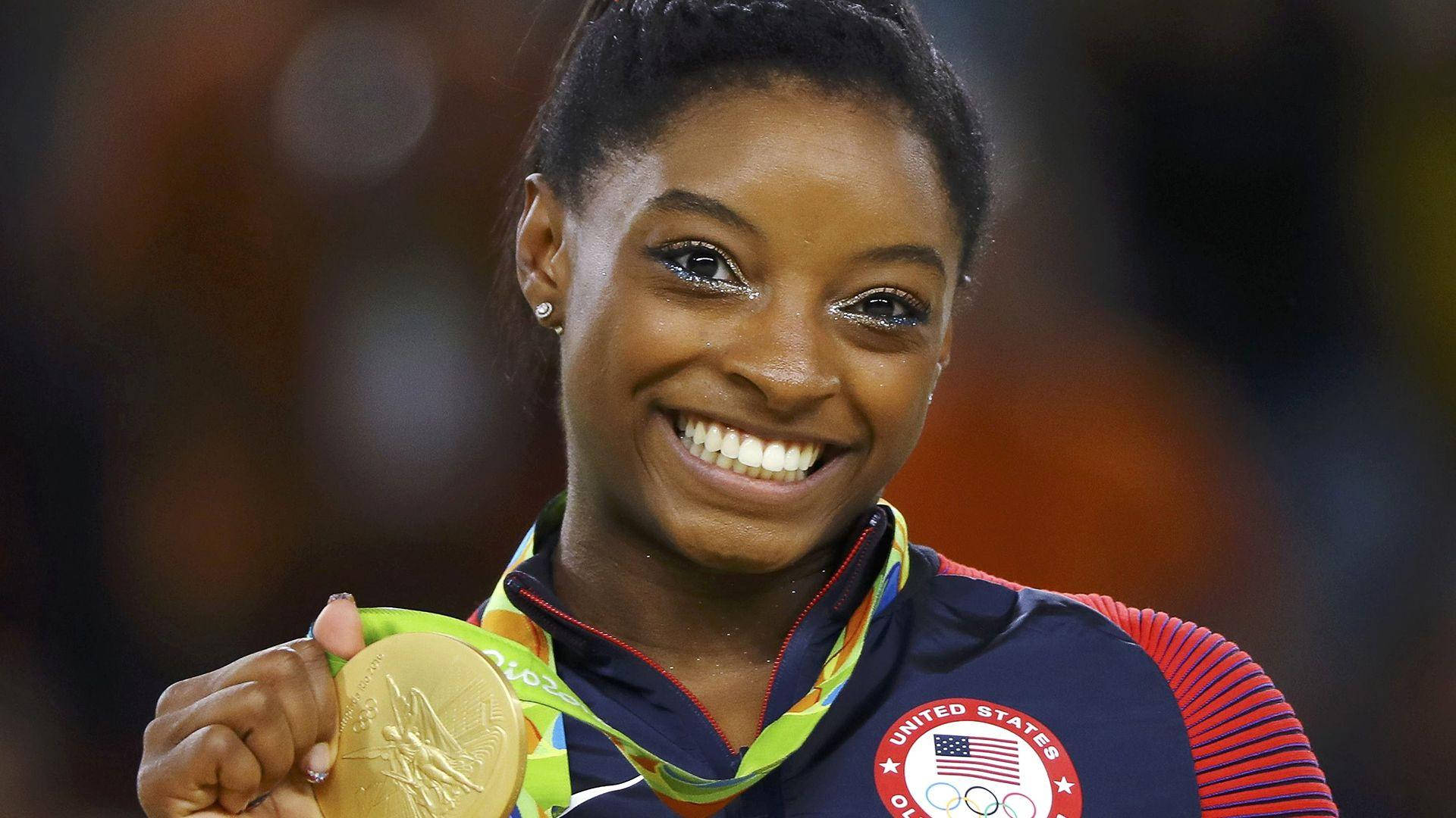 Simone Biles, gold Olympic medal, arena backdrop, Full HD Desktop Wallpaper