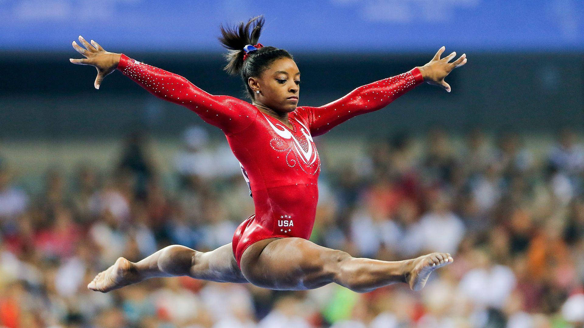 Simone Biles, red USA leotard, split leap, Full HD Desktop Wallpaper