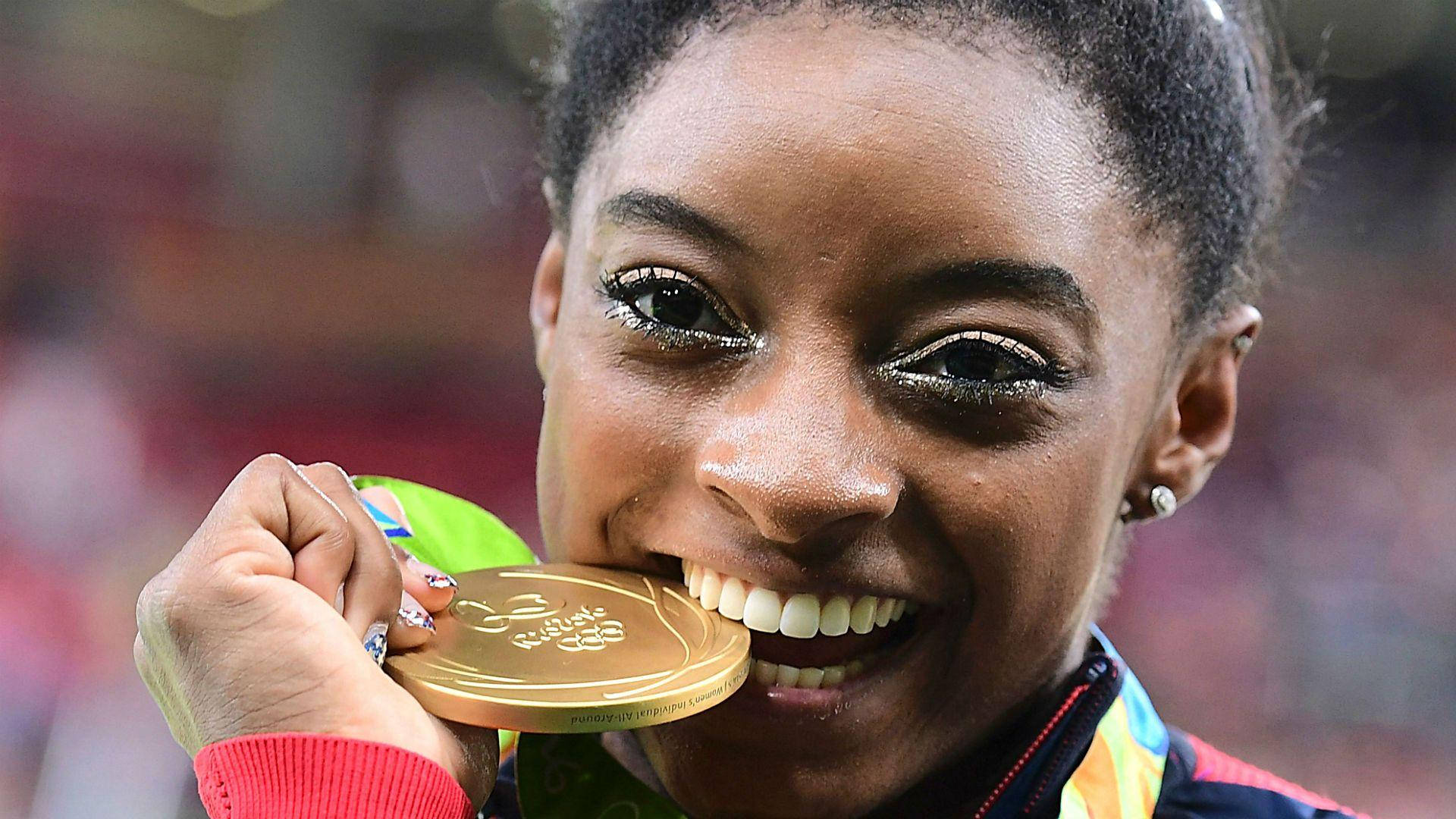 Simone Biles, gold Olympic medal, stadium crowd, Full HD Desktop Wallpaper