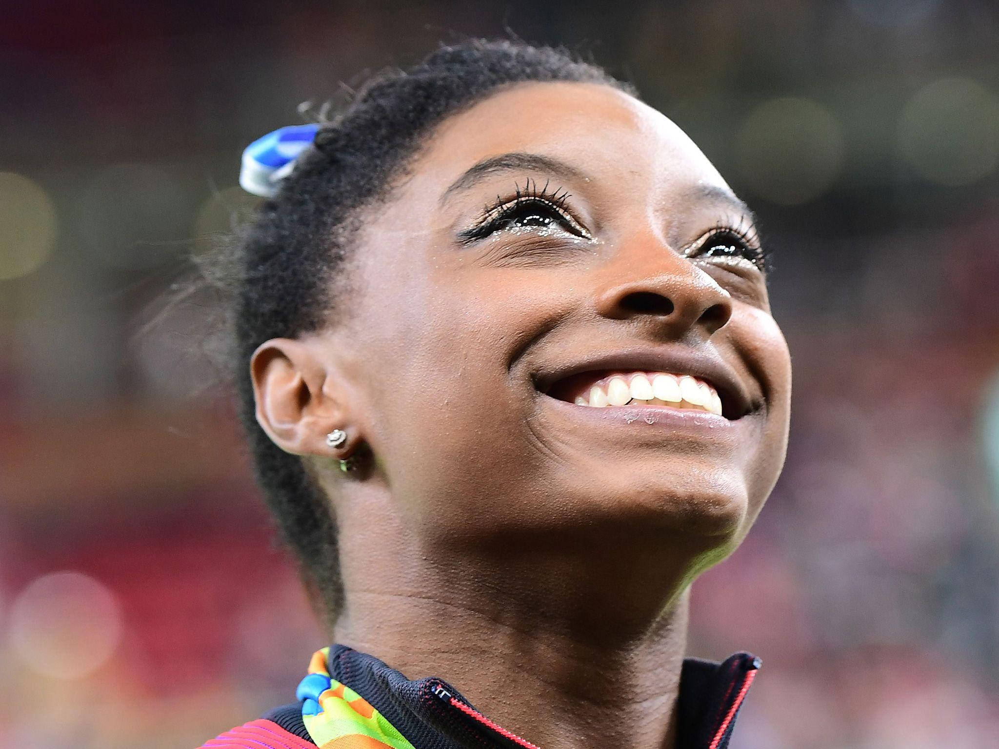 Simone Biles, colorful medal, radiant smile, Full HD Desktop Wallpaper