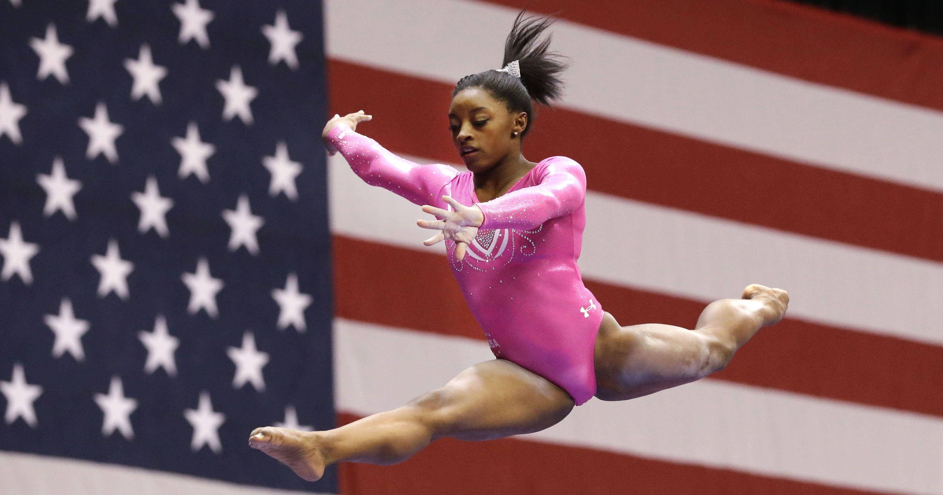 Simone Biles, pink leotard, split leap, 2K Desktop Wallpaper