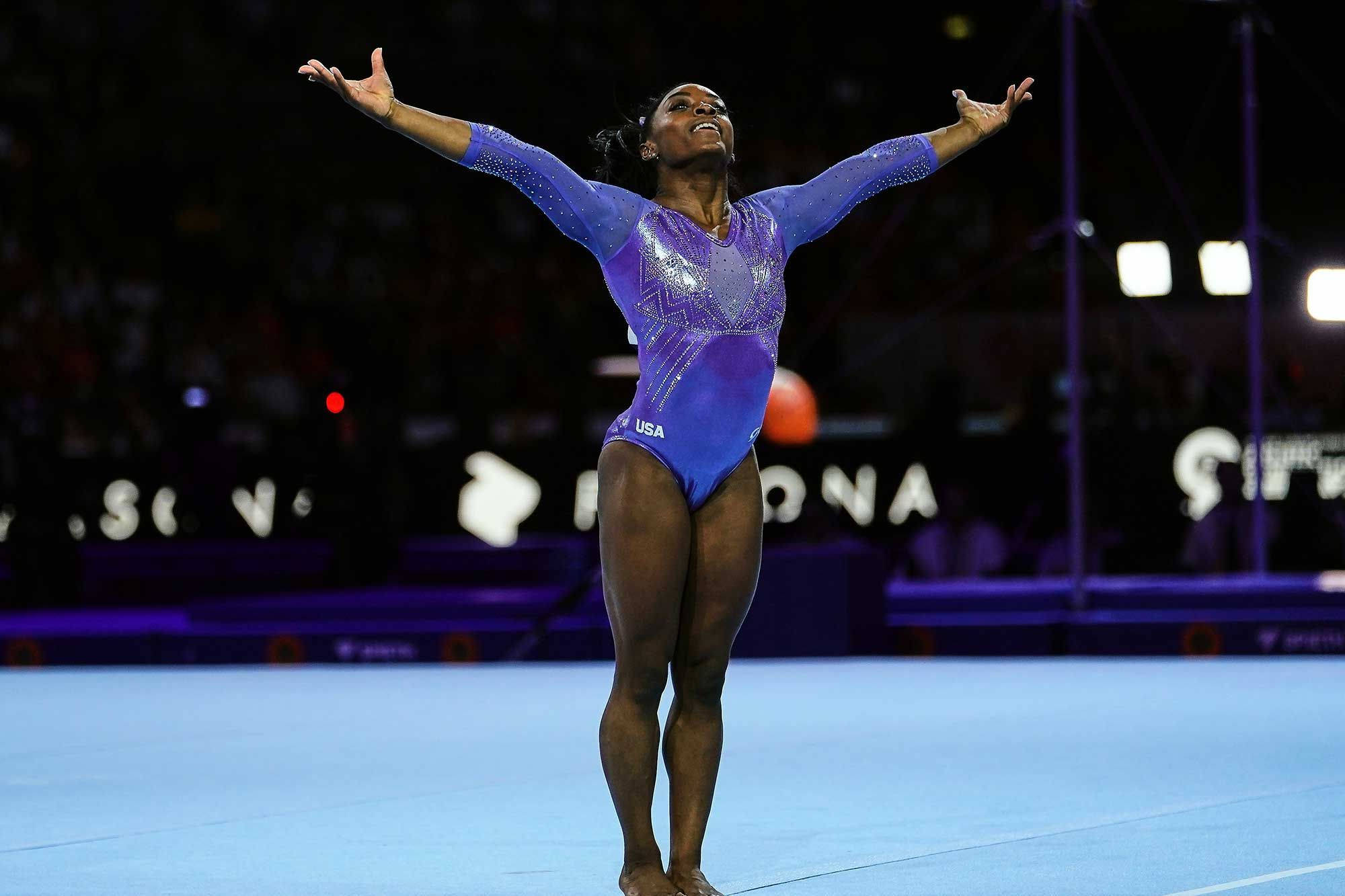 Simone Biles, sparkling blue leotard, bright blue mat, Full HD Desktop Wallpaper