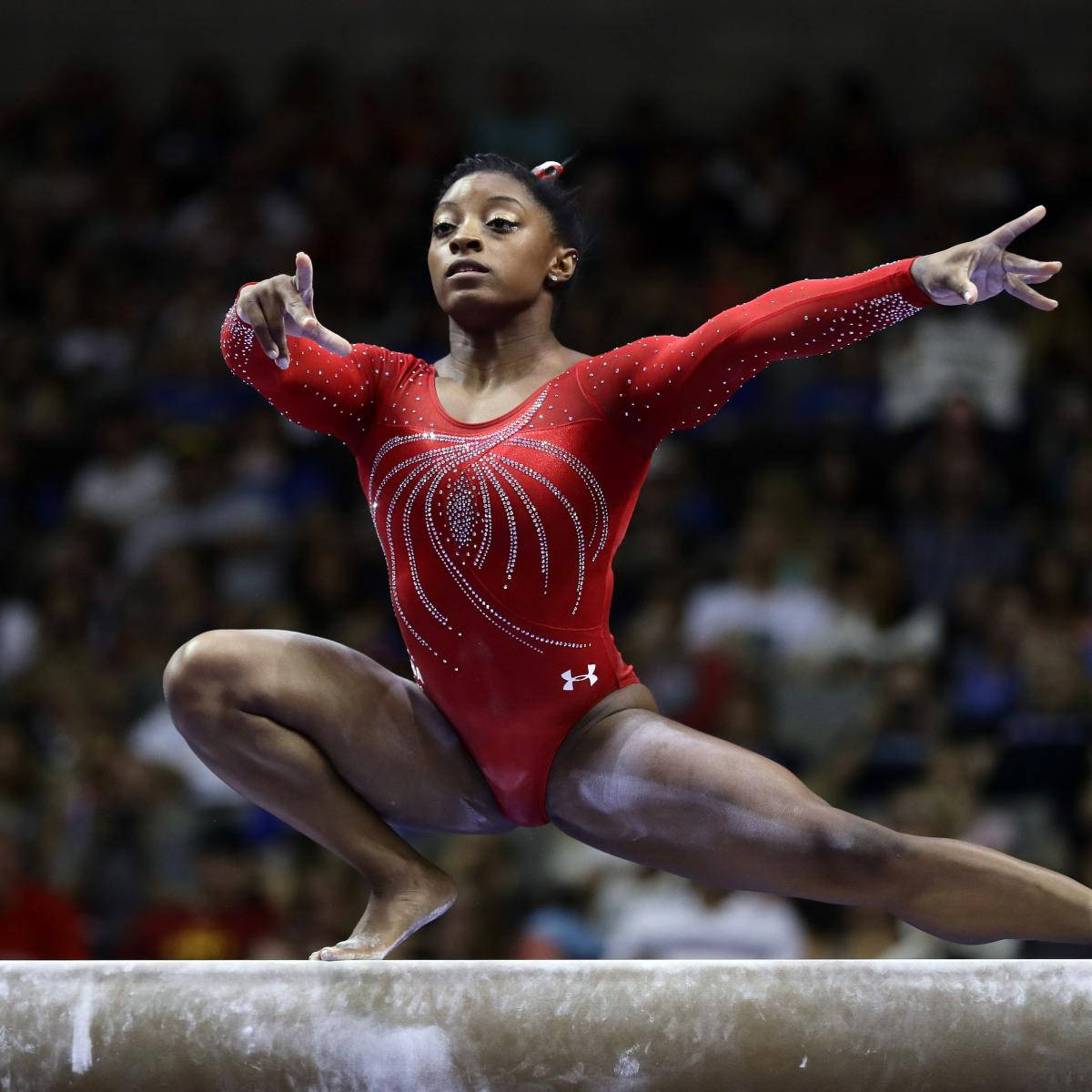 Simone Biles, red sparkly leotard, balance beam, SD Desktop Wallpaper