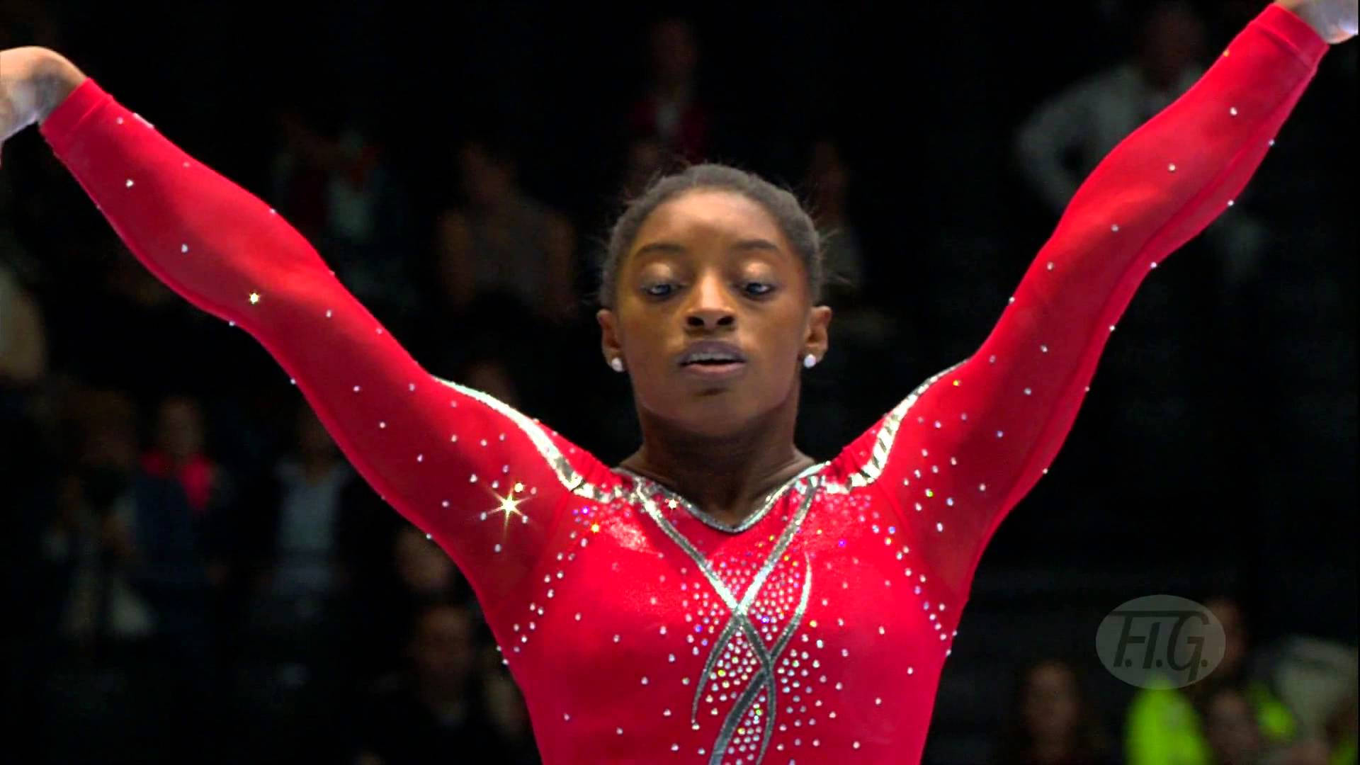 Simone Biles, red sparkly leotard, dimly lit arena, Full HD Desktop Wallpaper