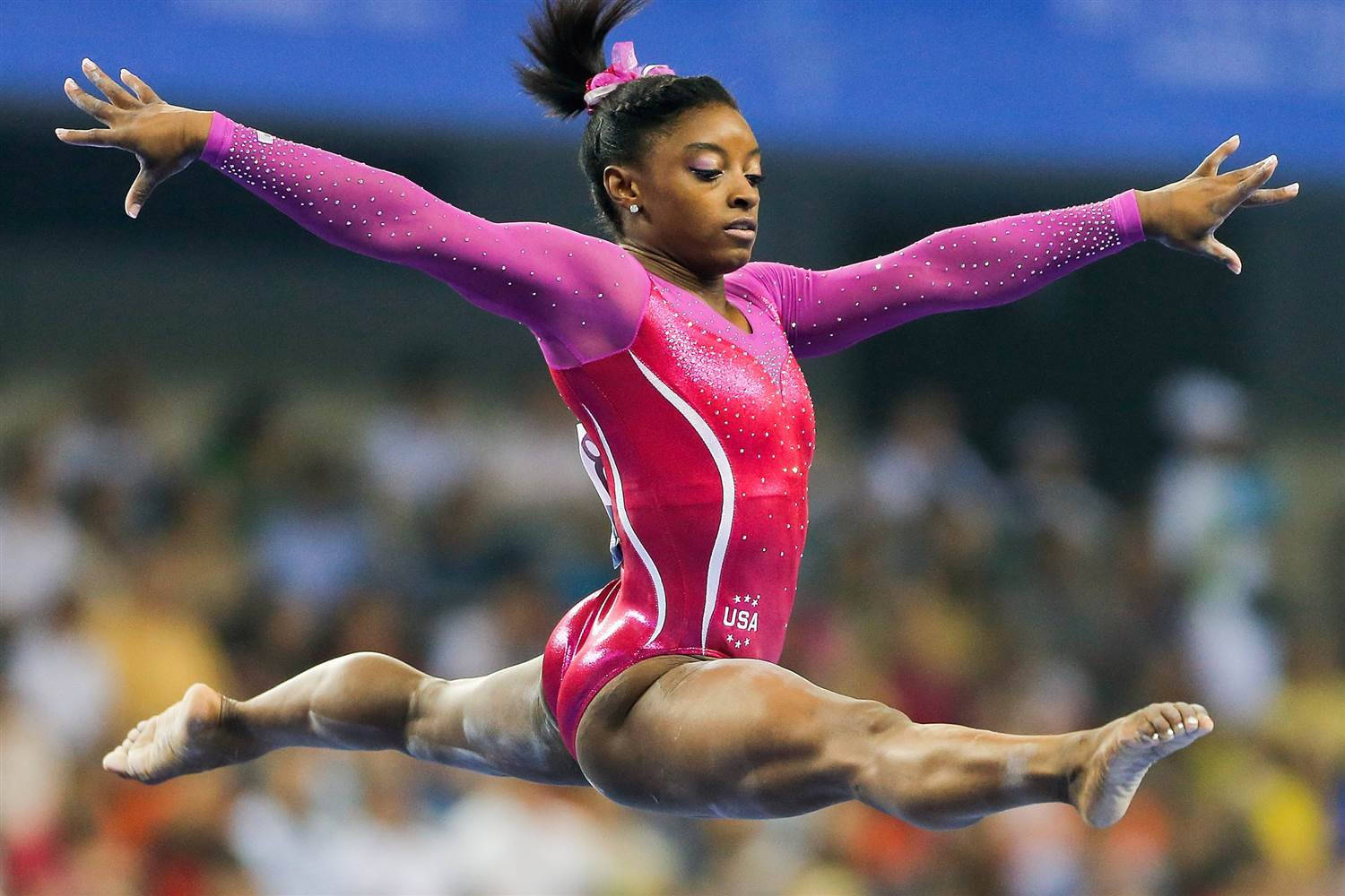 Simone Biles, sparkling pink leotard, balance beam, HD Desktop Wallpaper