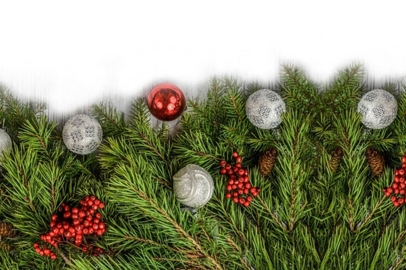 green pine branches, red berries, silver ornaments, HD Desktop Wallpaper