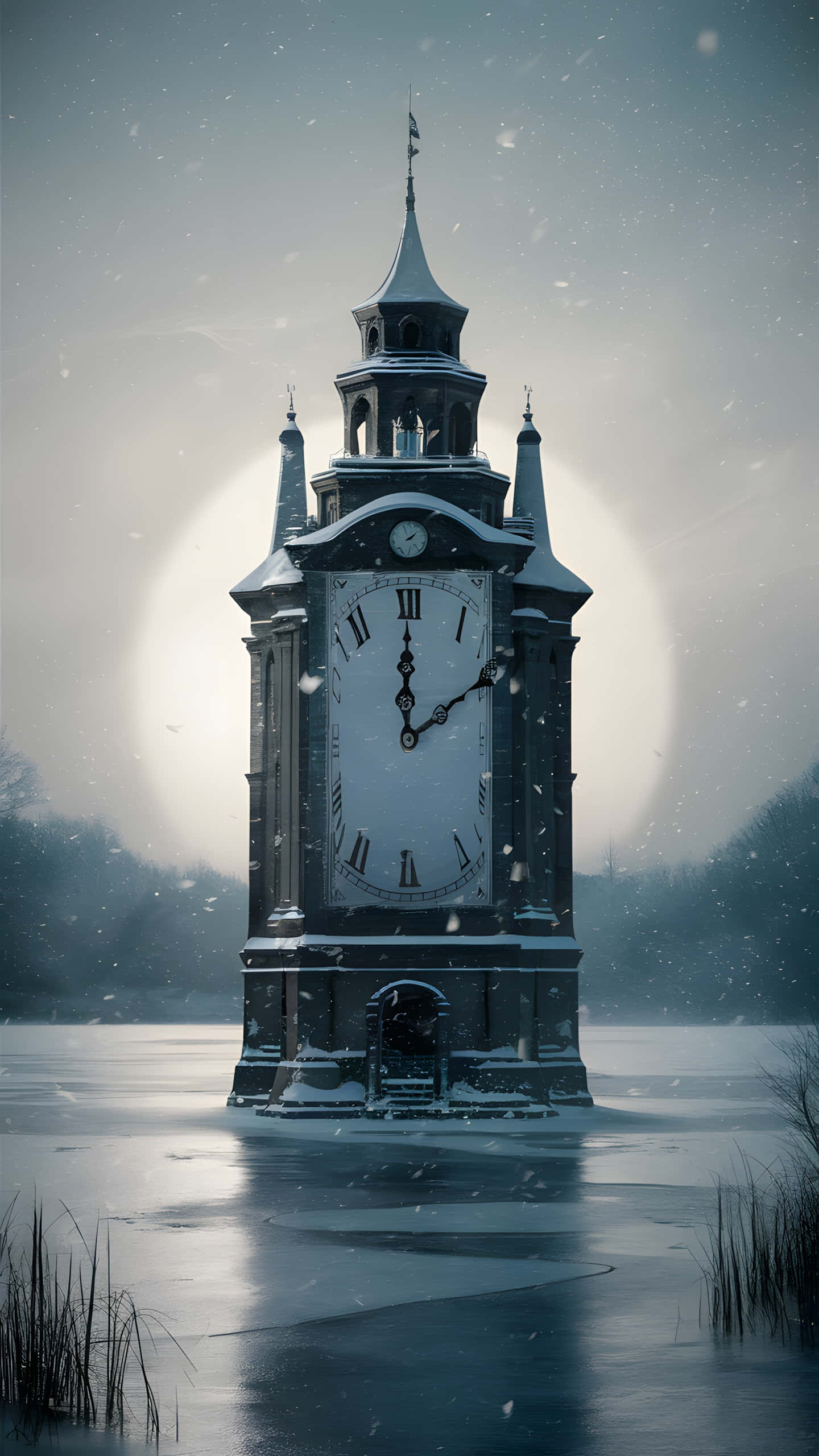 clock tower, frozen lake, glowing moon, 2K Phone Wallpaper