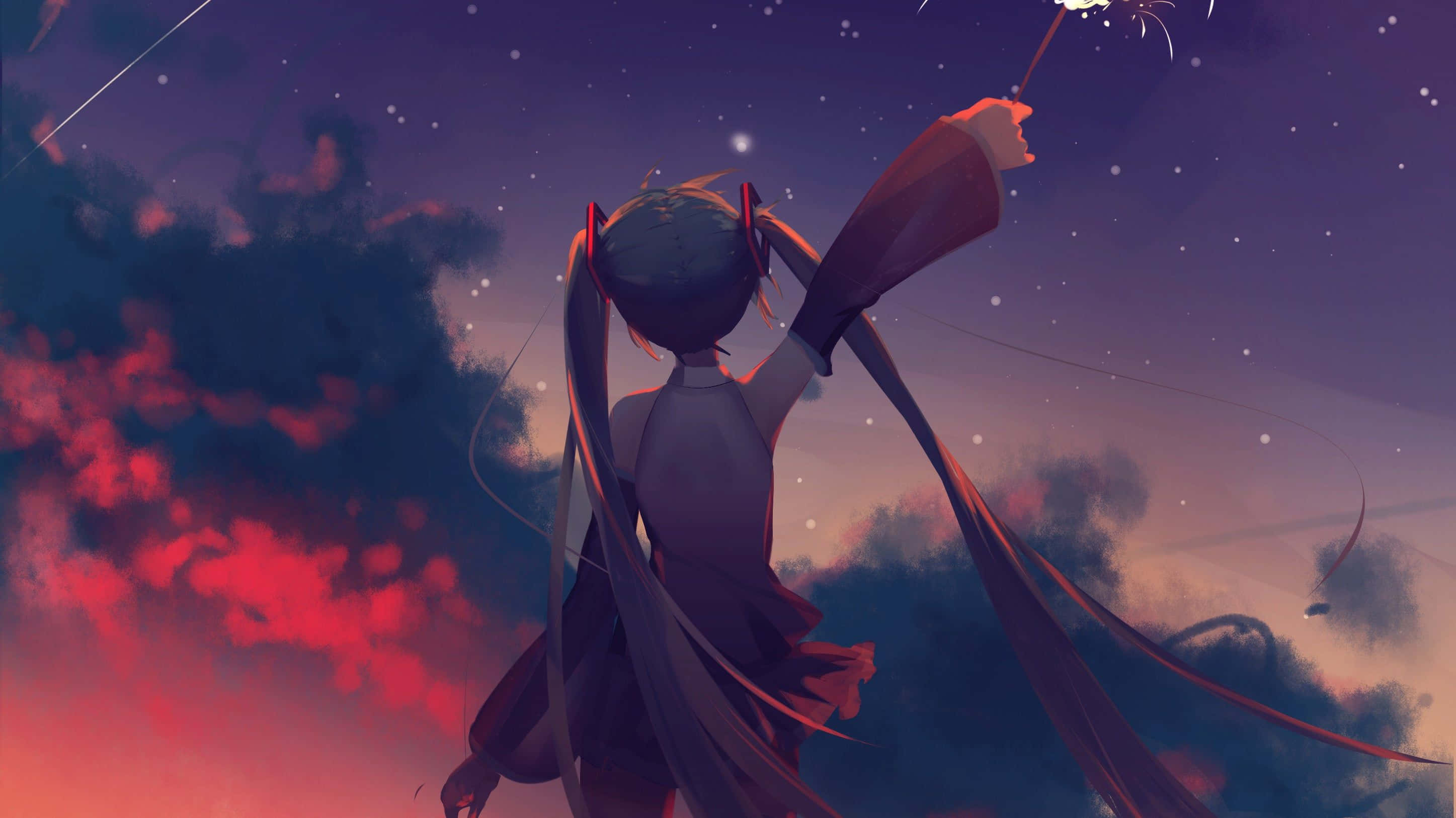 anime girl, long dark pigtails, sparkler, 2K Desktop Wallpaper
