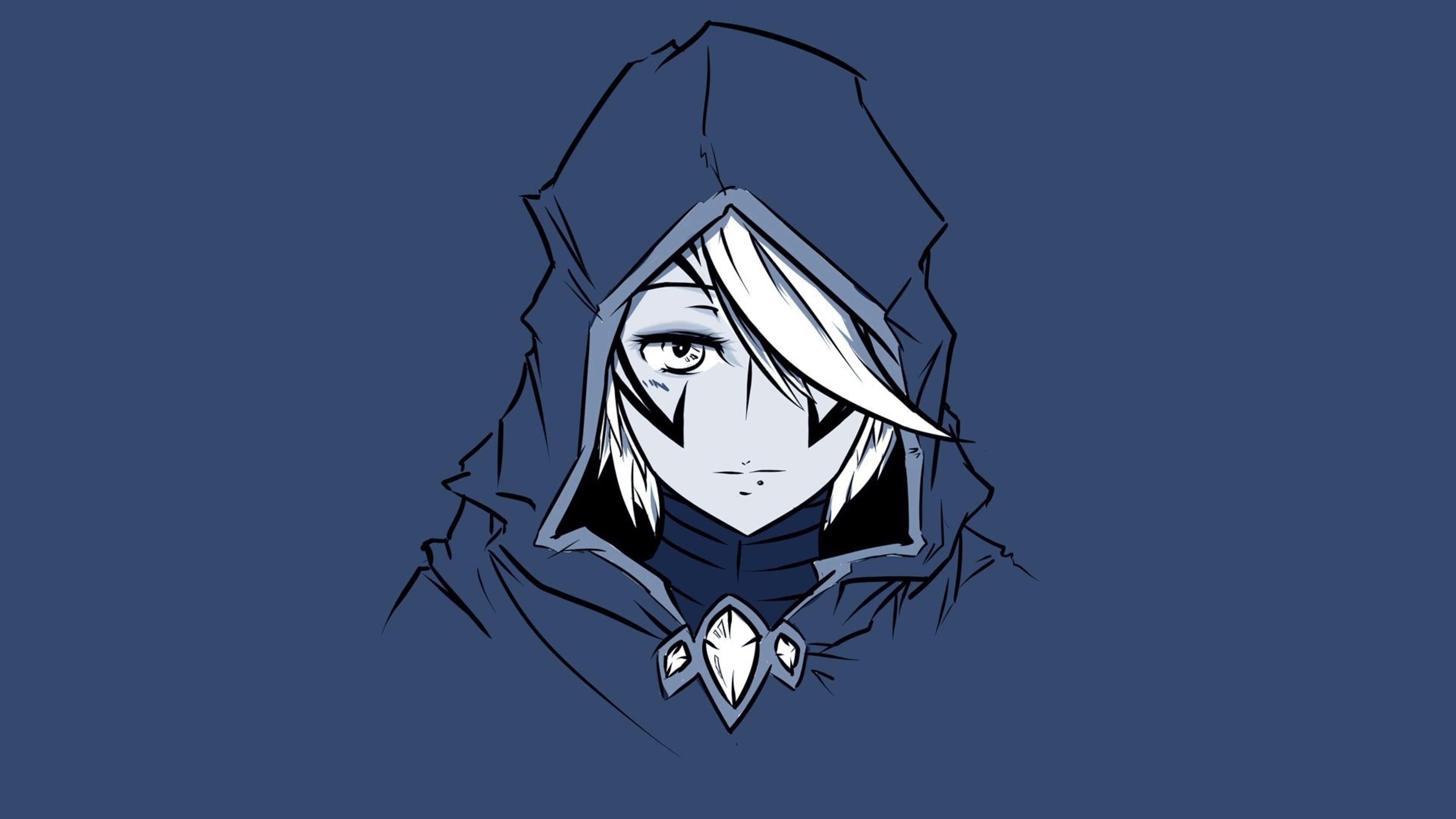 simple anime, white hair, dark hood, 4K Desktop Wallpaper