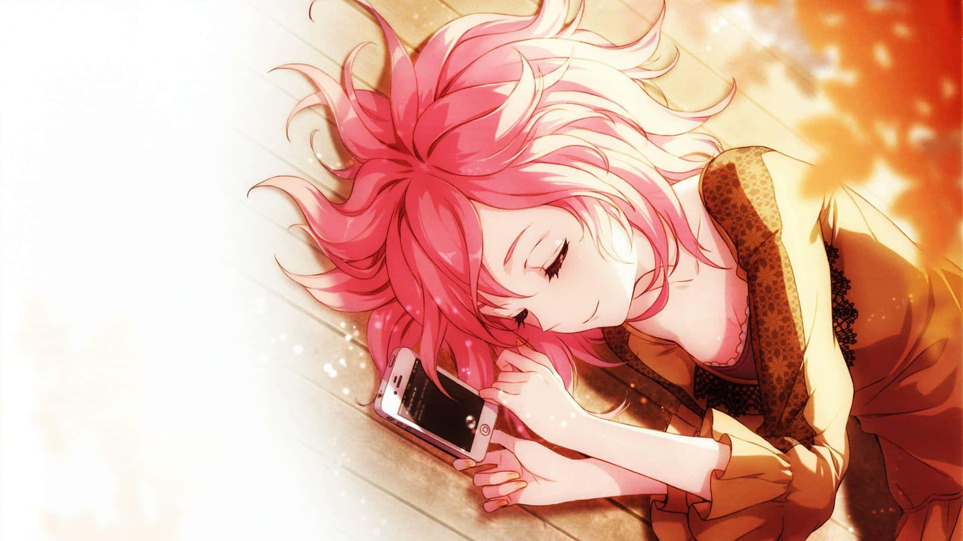 pink-haired anime girl, wooden floor, phone, Full HD Desktop Wallpaper