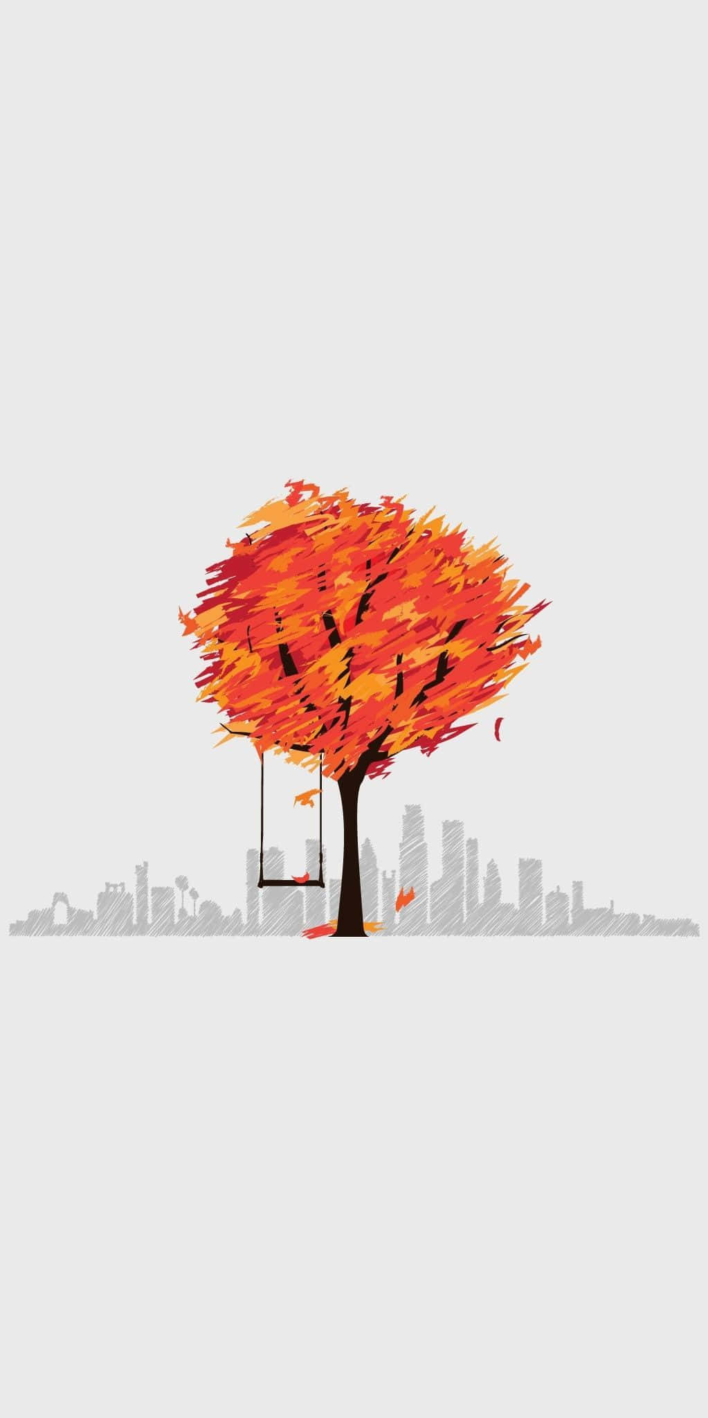 vibrant orange tree, swing, minimalist gray city skyline, Full HD Phone Wallpaper