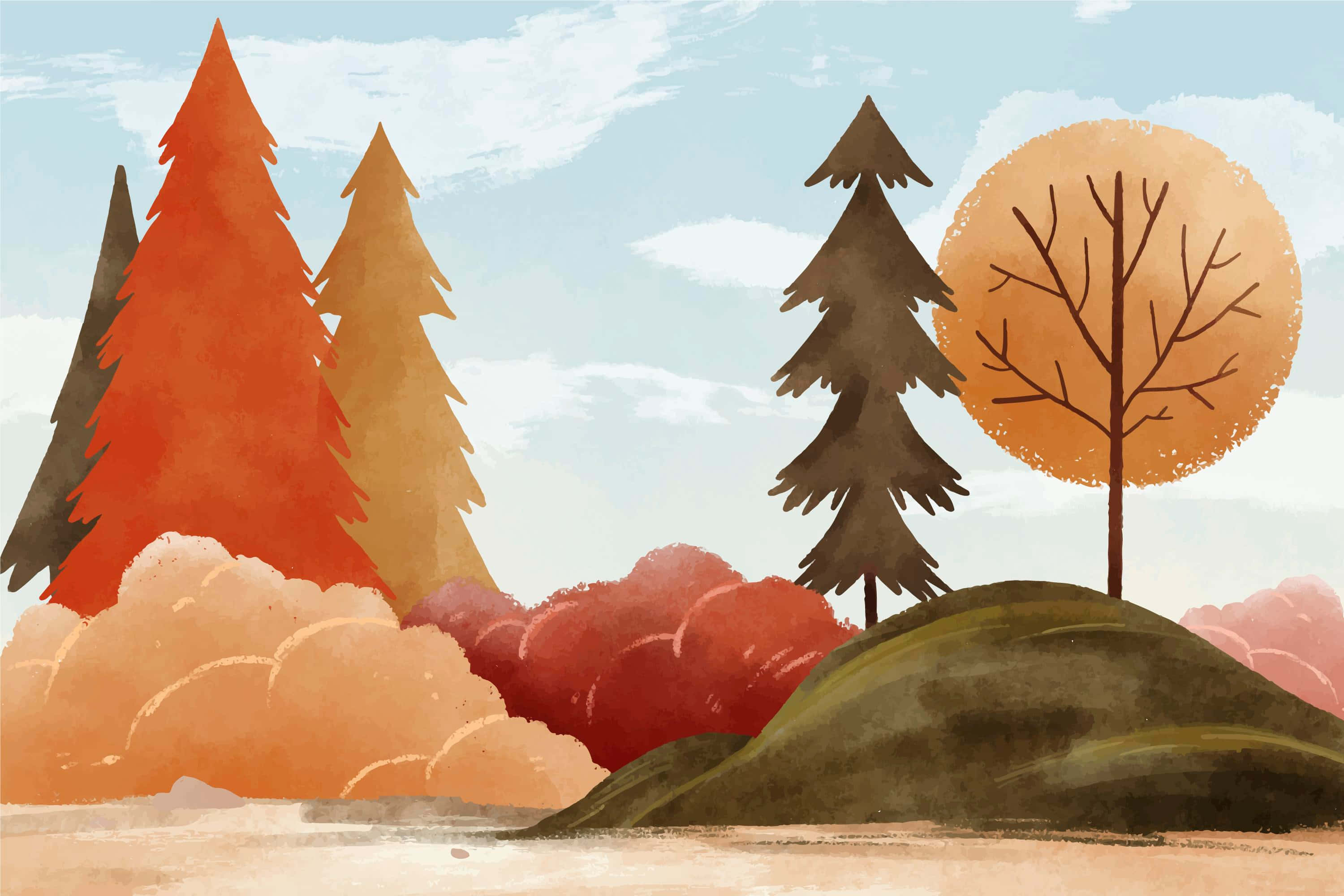 autumnal forest, orange and brown pine trees, soft blue sky, 2K Desktop Wallpaper