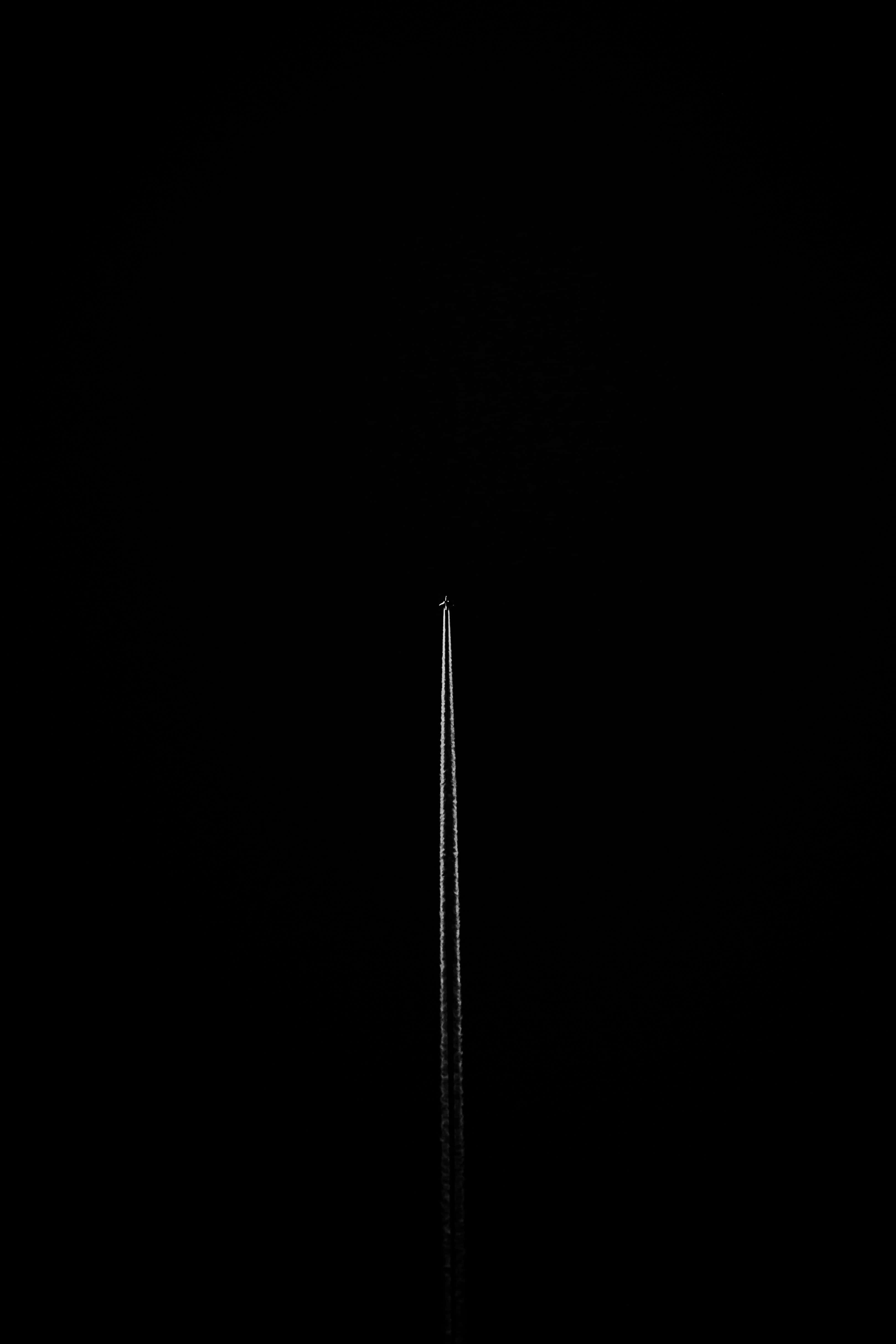 black night sky, bright contrail, lone airplane, 4K Phone Wallpaper