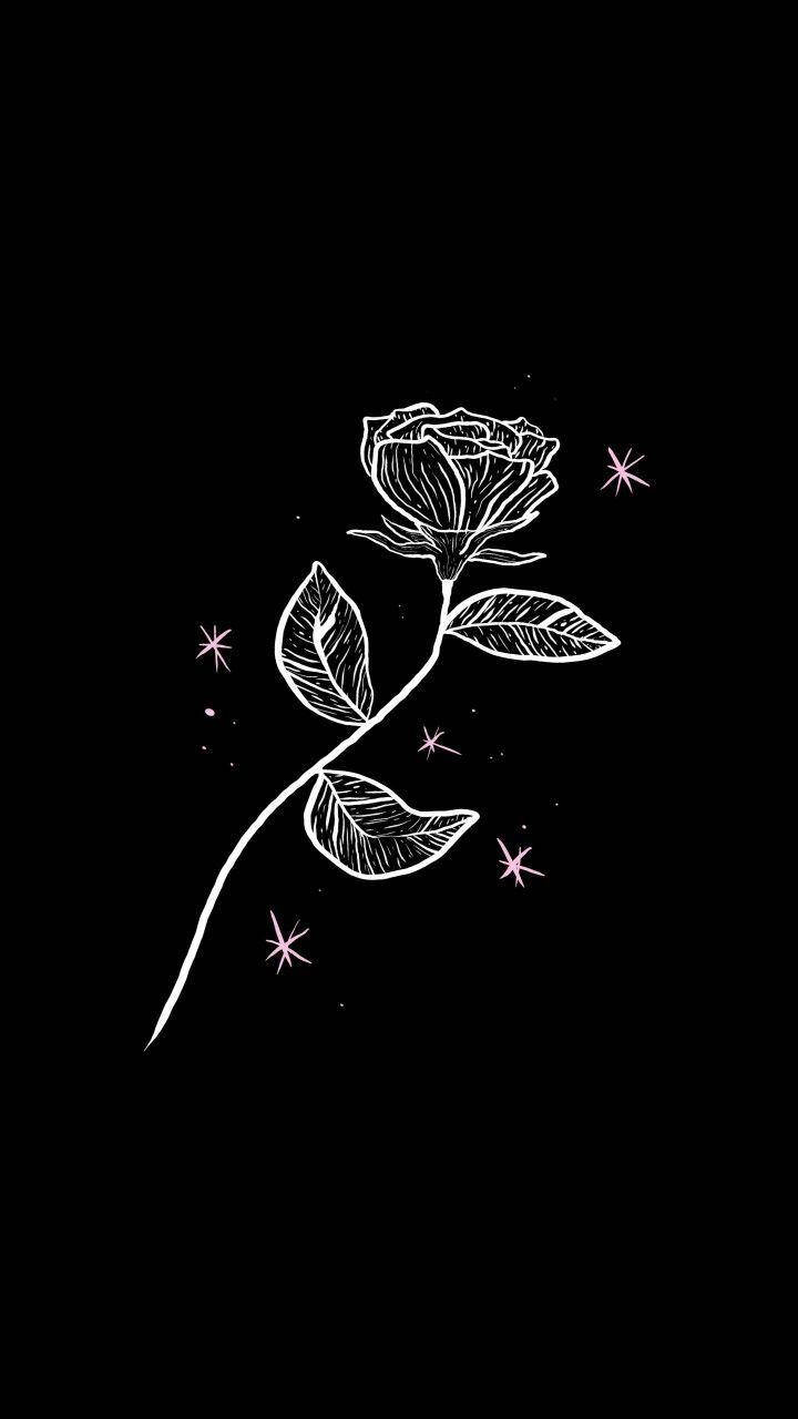 Simple Black Sparkly Rose, white line-drawn rose, pink sparkles, HD Phone Wallpaper