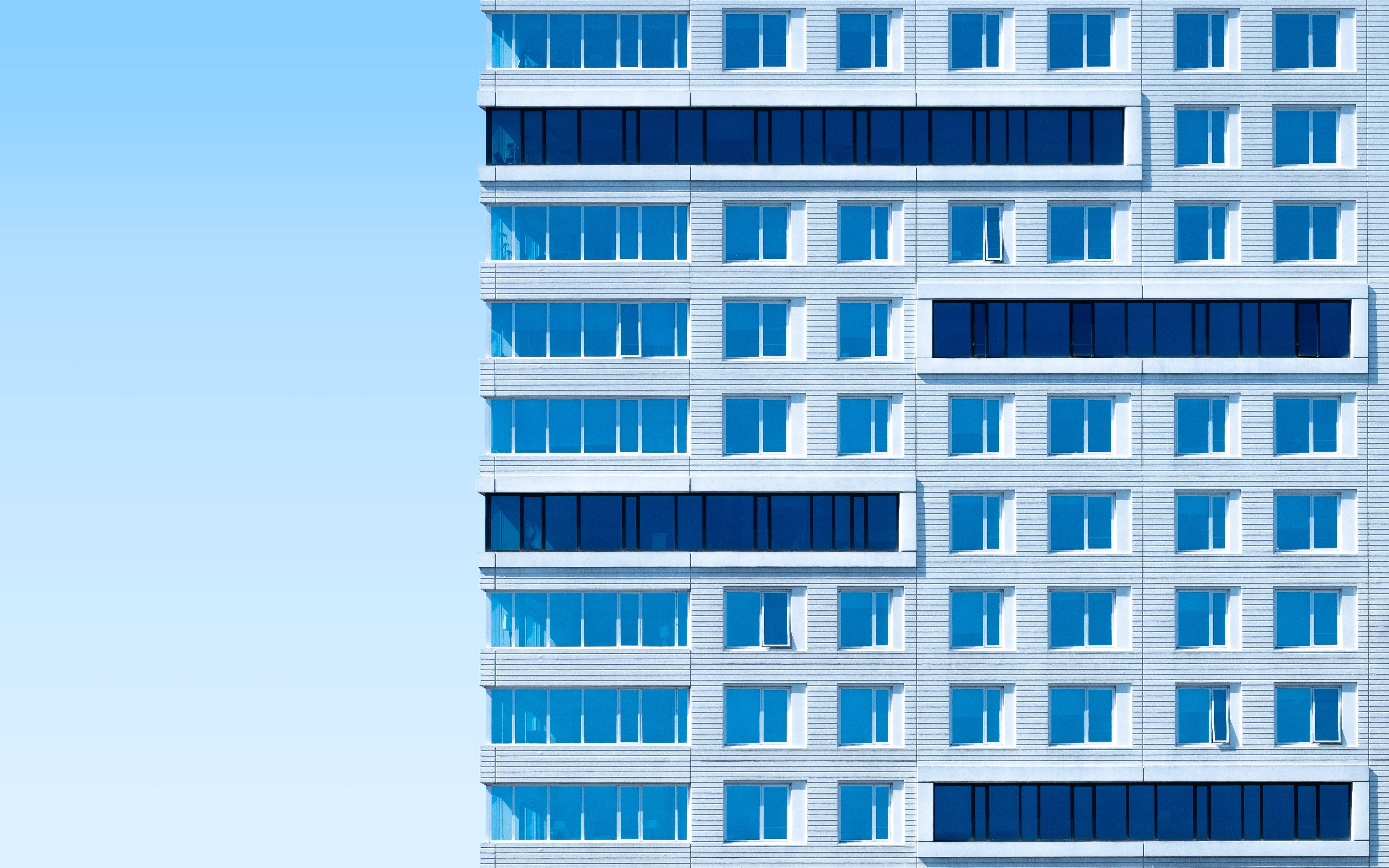 Simple Blue Aesthetic Building, white panels, blue-tinted windows, 5K Desktop Wallpaper