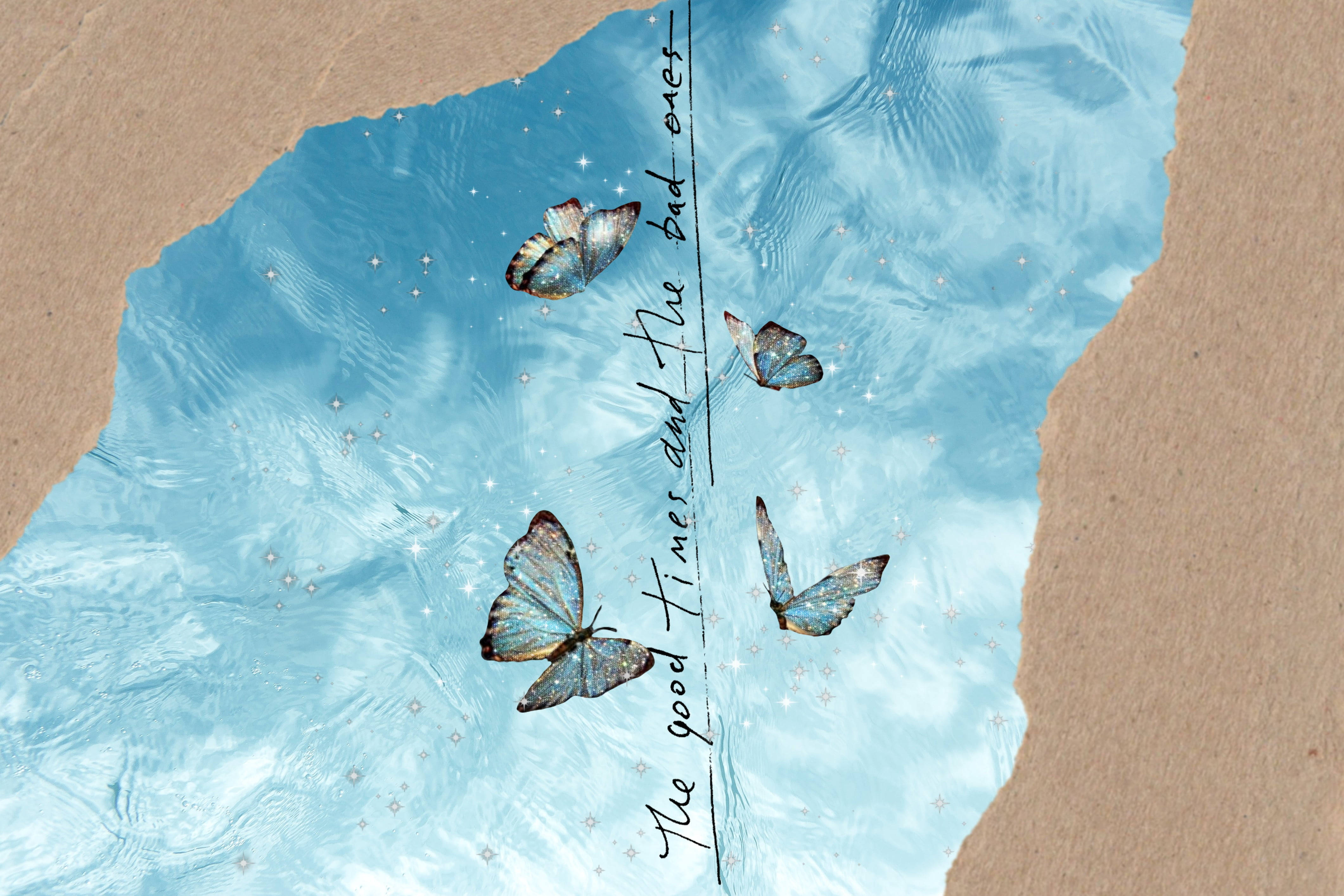 Simple Blue Aesthetic, butterflies, rippling blue water, 4K Desktop Wallpaper