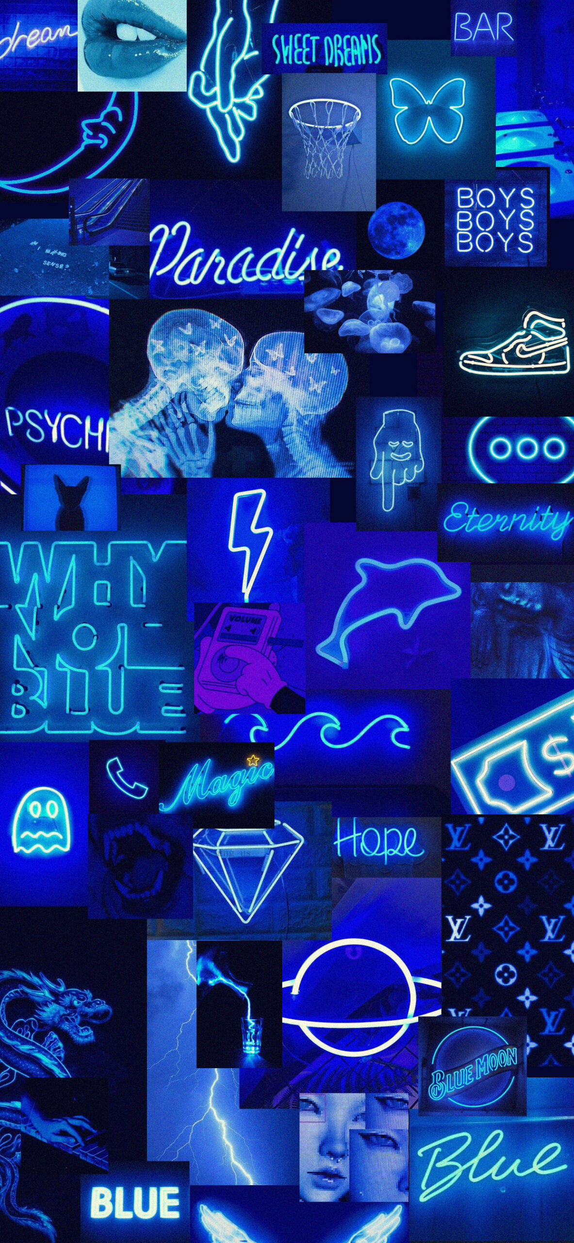 Cool Neon Blue iPhone, neon blue, glowing symbols, 2K Phone Wallpaper