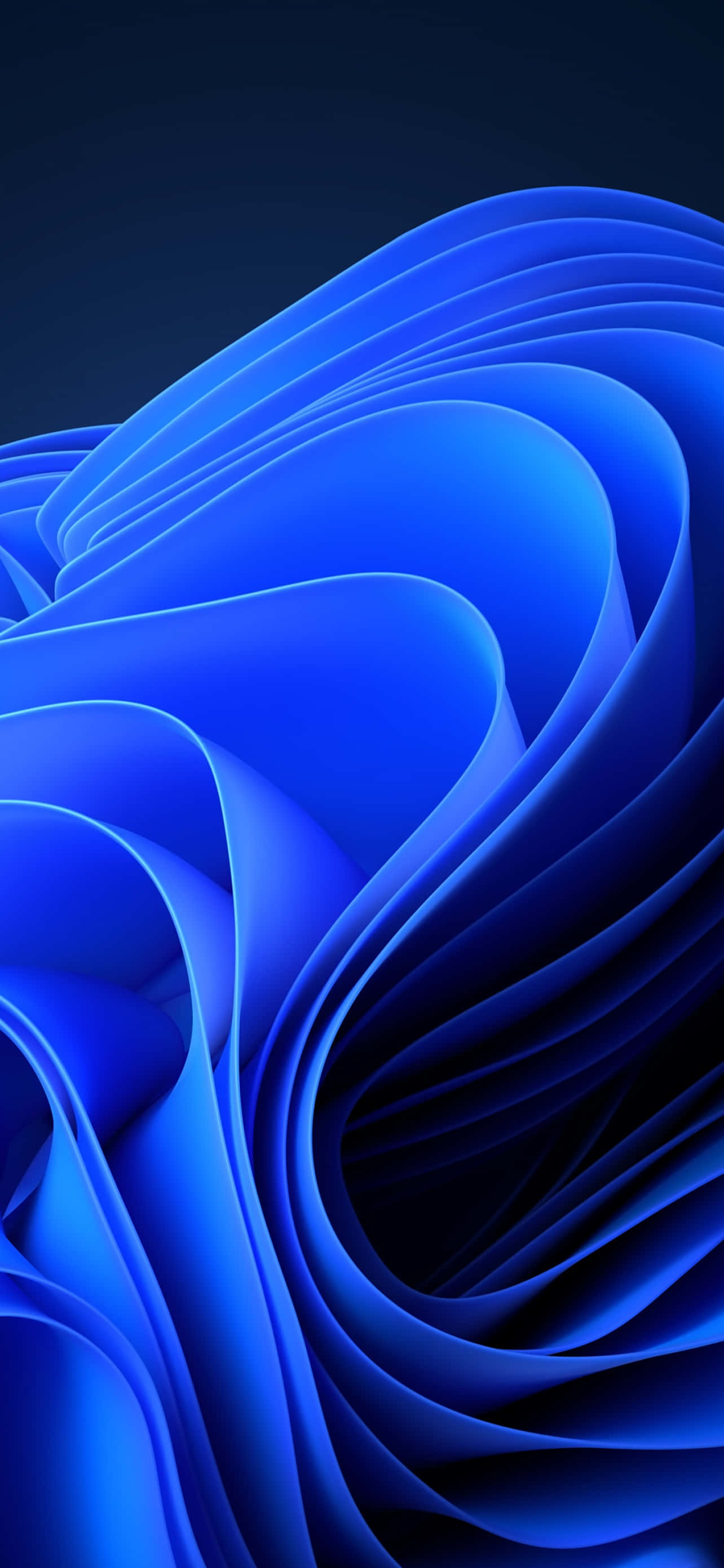bright blue iPhone, deep blue fabric-like ribbons, dark background, 2K Phone Wallpaper