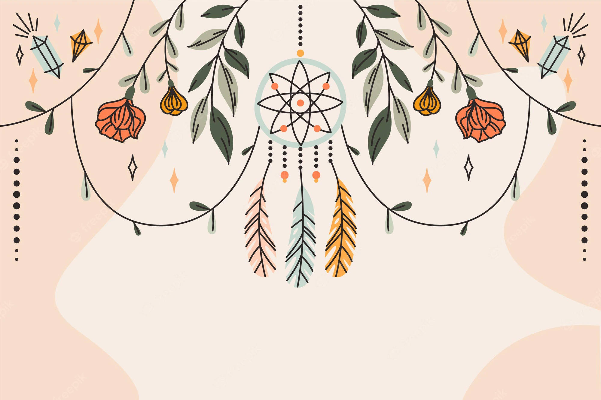 Simple Boho Dreamcatcher, feathers, flowers, Full HD Desktop Wallpaper