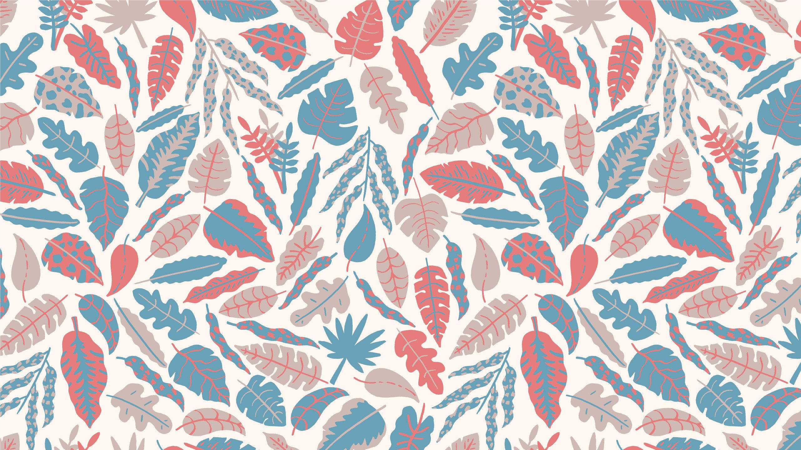 boho leaves pattern, coral blue, taupe, 2K Desktop Wallpaper