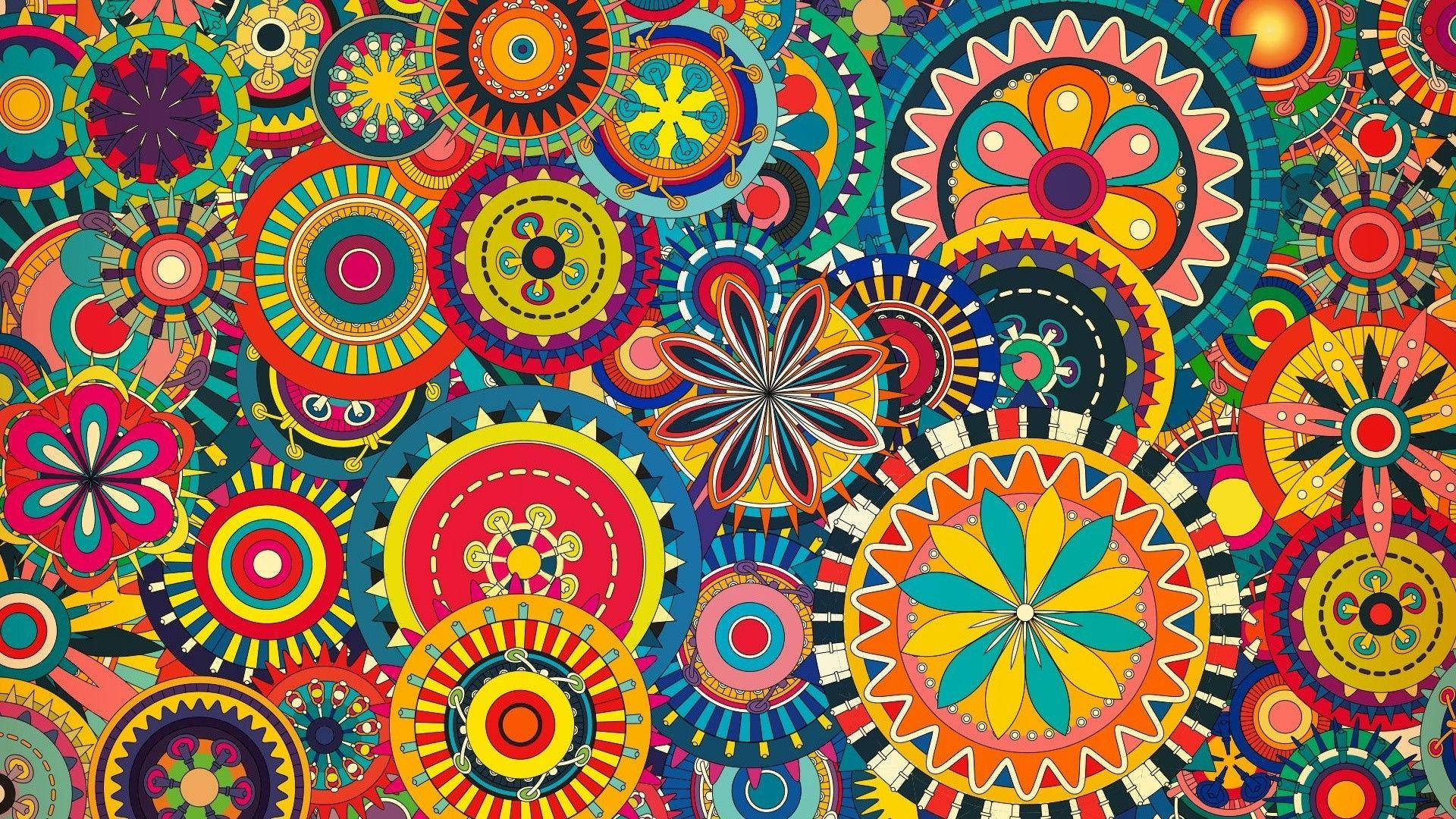 overlapping circle boho patterns, vibrant colorful geometric mandala patterns, kaleidoscopic abstract design, Full HD Desktop Wallpaper