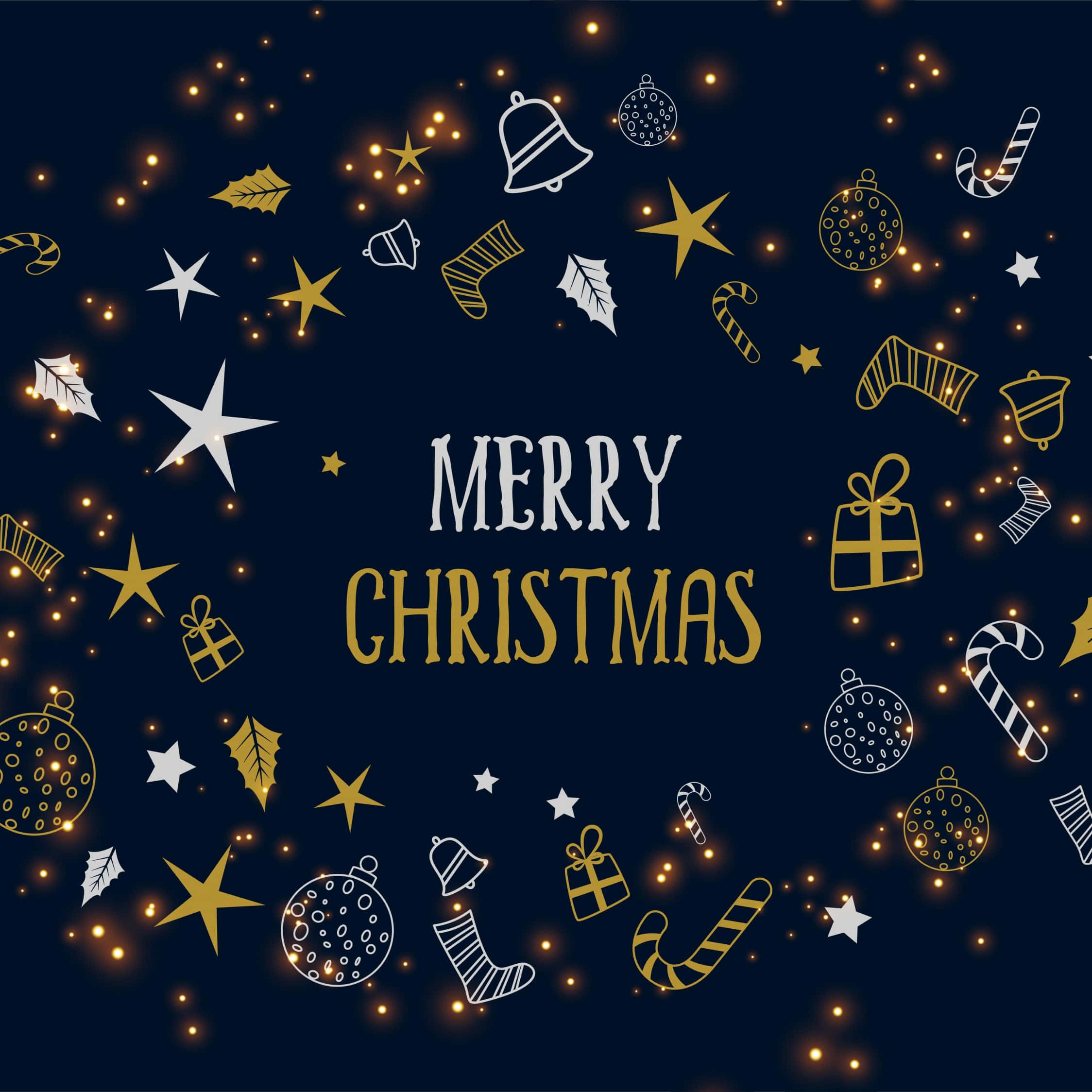 Simple Christmas iPad, dark blue background, glowing gold and white Christmas icons, Full HD Desktop Wallpaper