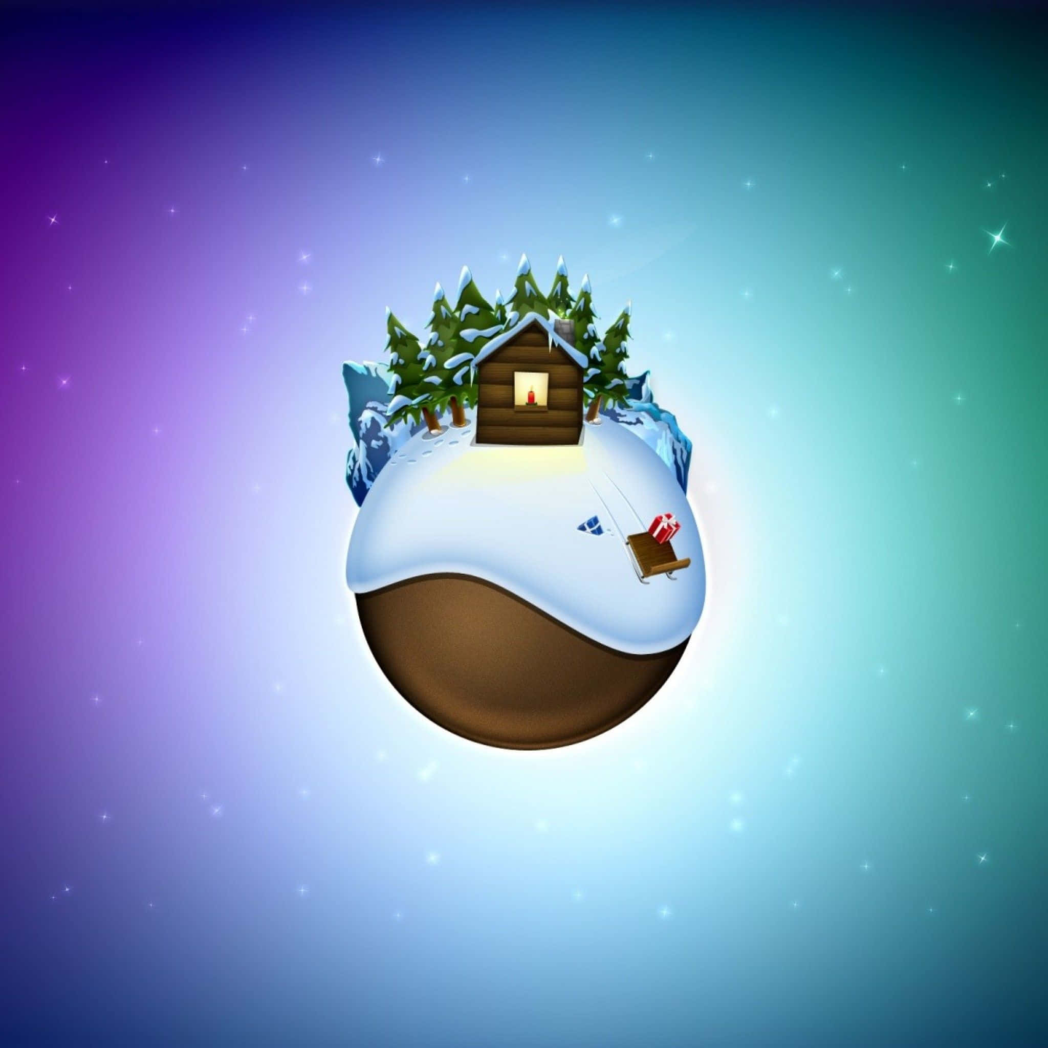 Christmas globe, snow-covered cabin, lit window, Full HD Desktop Wallpaper