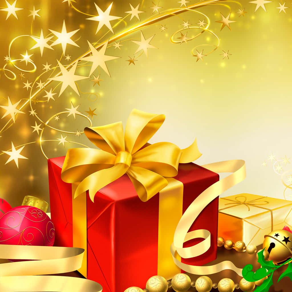 Simple Christmas iPad, festive red gift box, golden bow, SD Desktop Wallpaper