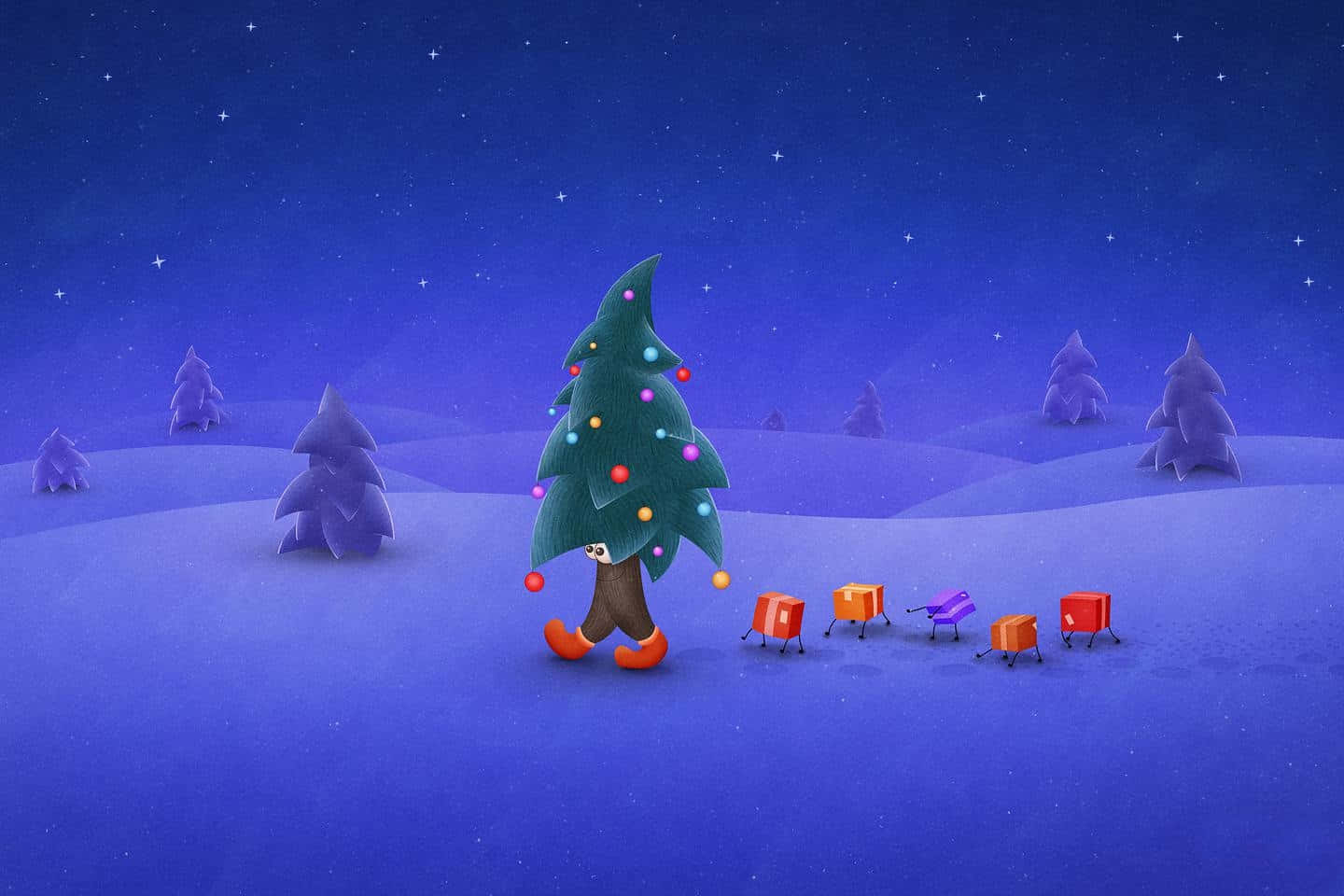 Simple Christmas iPad, glowing ornaments, snowy field, HD Desktop Wallpaper