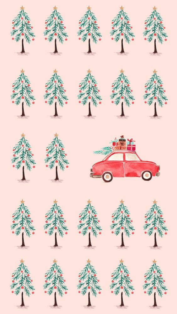 red vintage car, gifts, watercolor Christmas trees, SD Phone Wallpaper