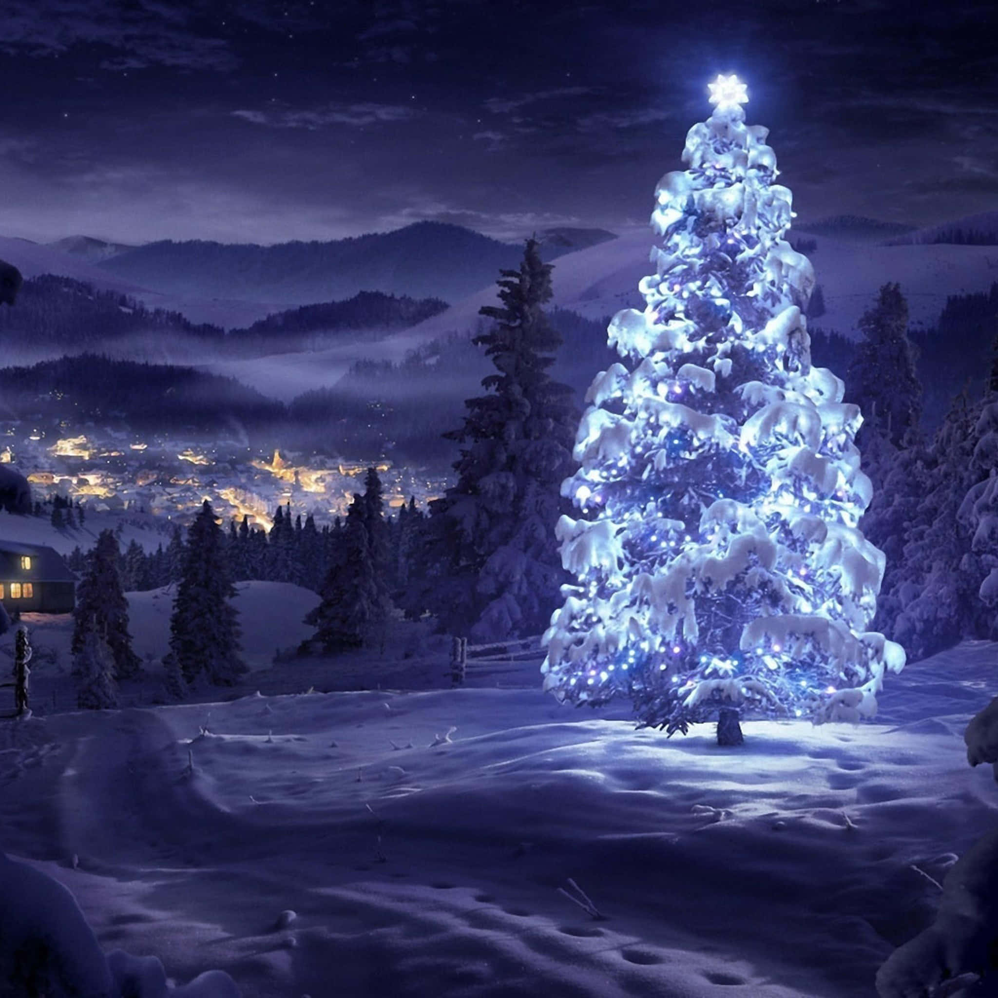snow-covered Christmas tree, blue lights, snowy mountain valley, Full HD Desktop Wallpaper