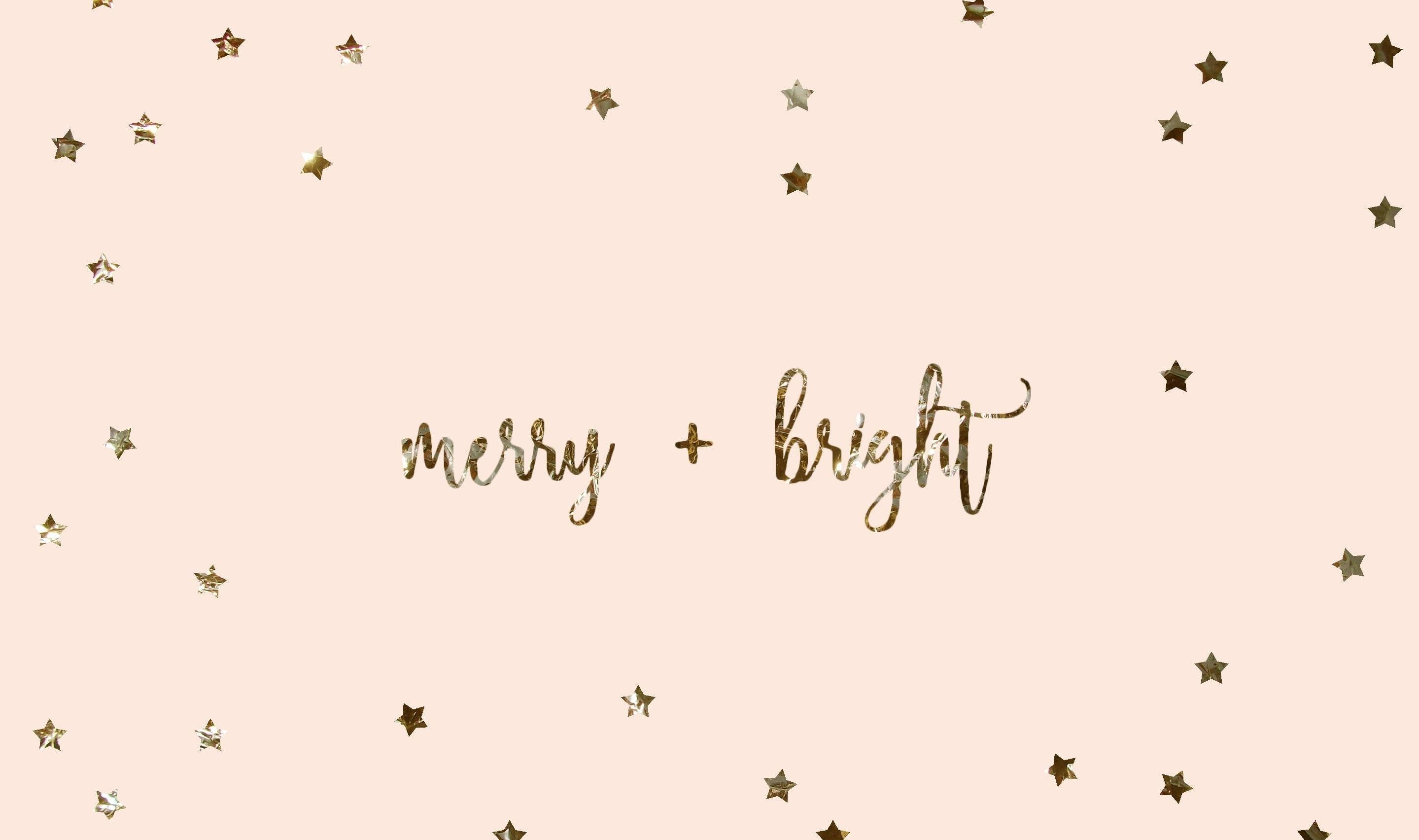 merry bright, gold script, soft peach background, 2K Desktop Wallpaper