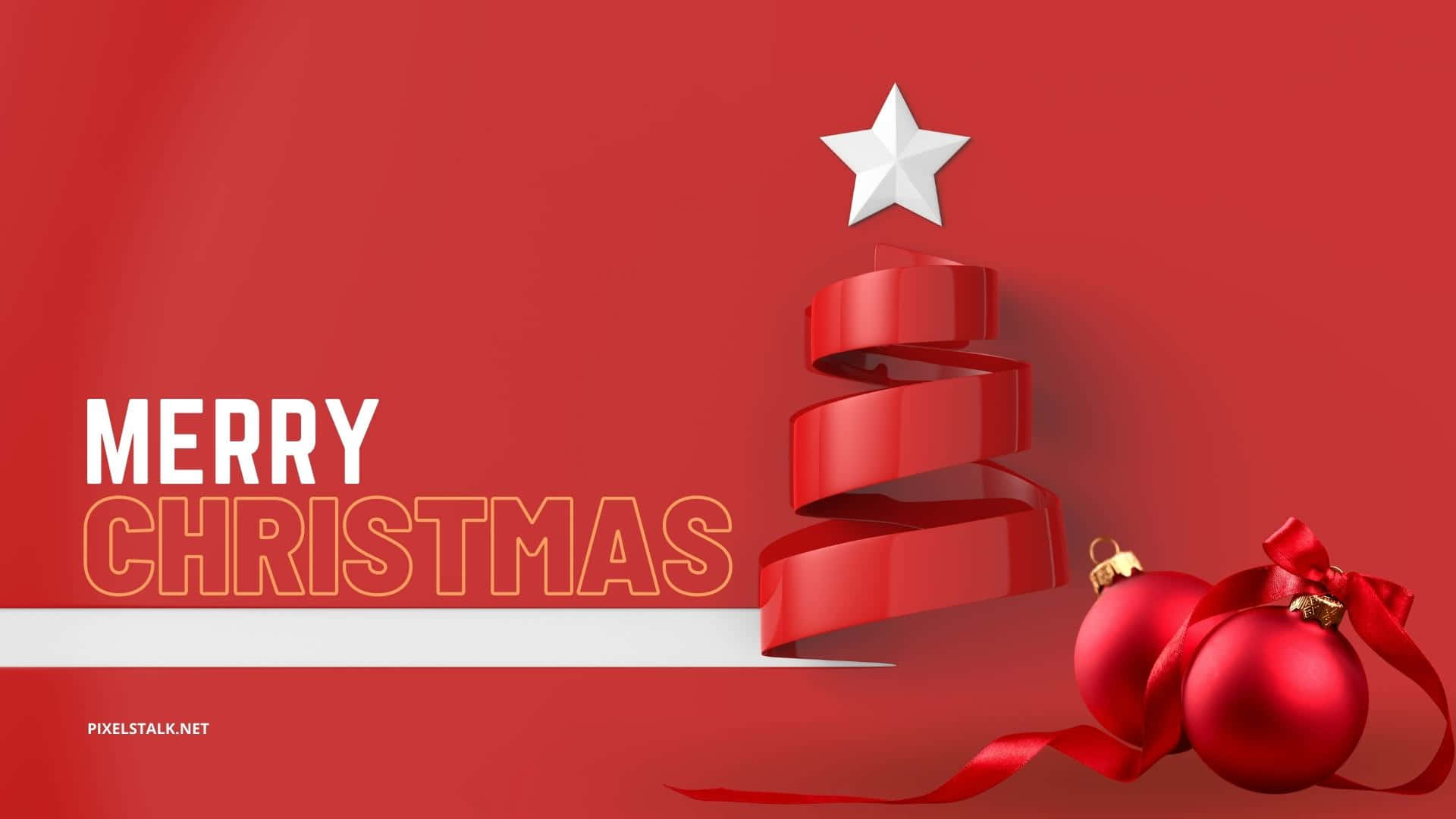 red ribbon christmas tree, white star, glossy red ornaments, Full HD Desktop Wallpaper