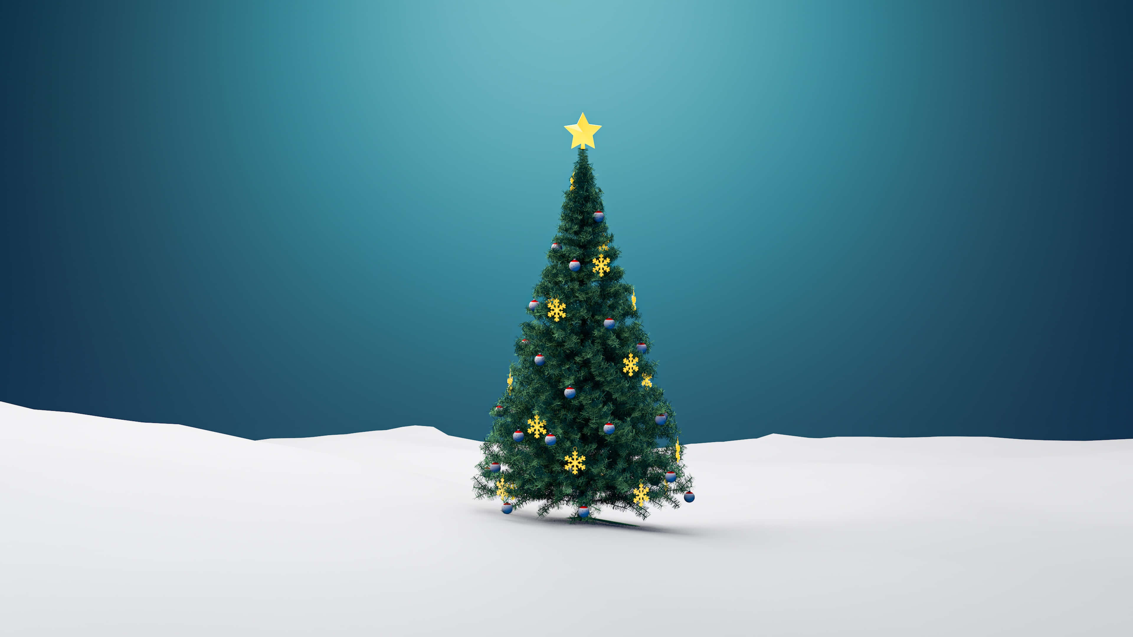 Cute Simple Christmas, yellow snowflakes, blue ornaments, 4K Desktop Wallpaper