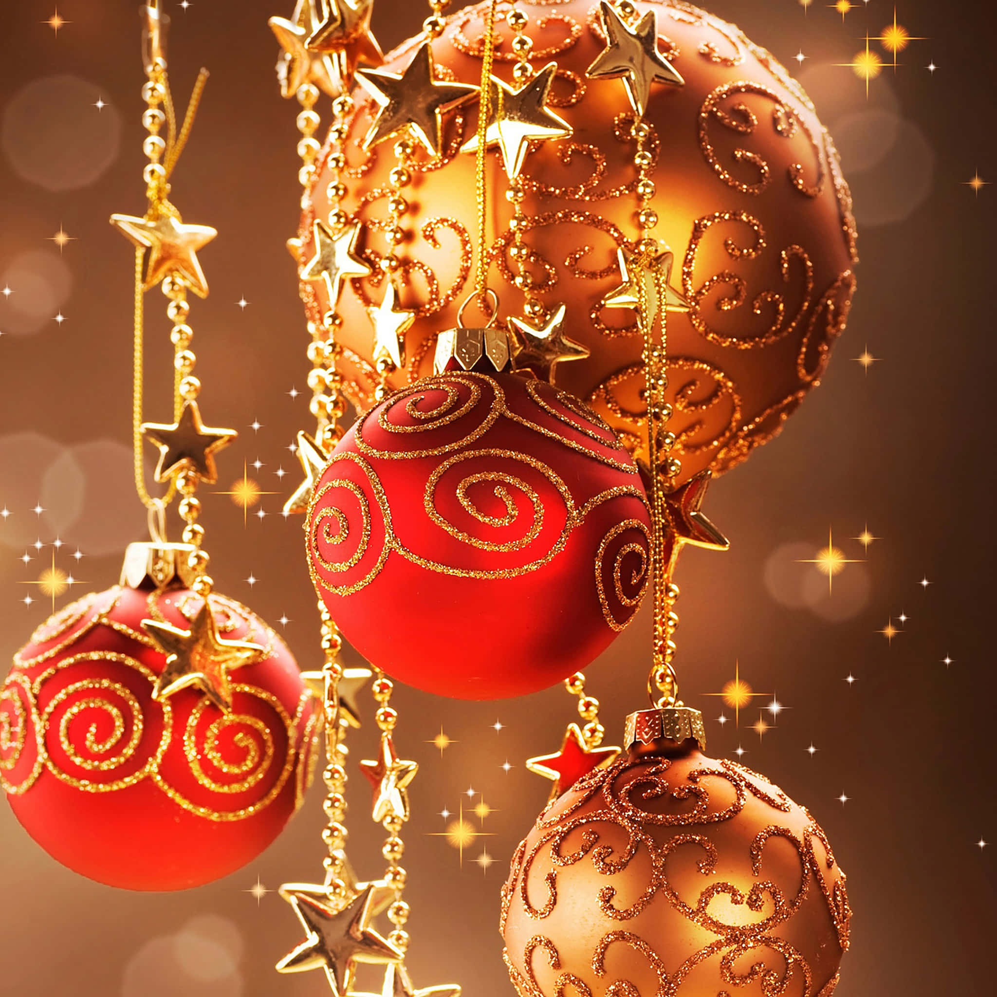 red and gold Christmas ornaments, glittering swirls, stars, Full HD Desktop Wallpaper