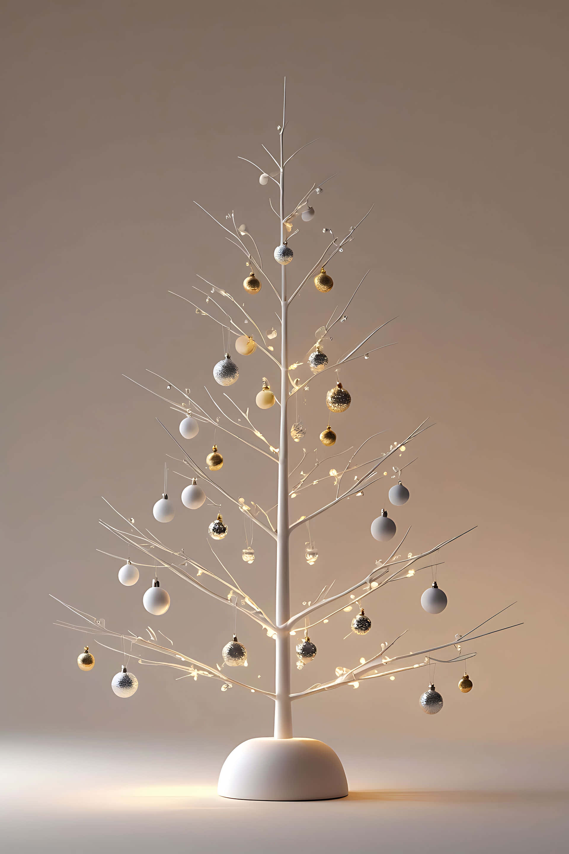 modern minimalist christmas tree, white artificial tree, silver and gold ornaments, 2K Phone Wallpaper