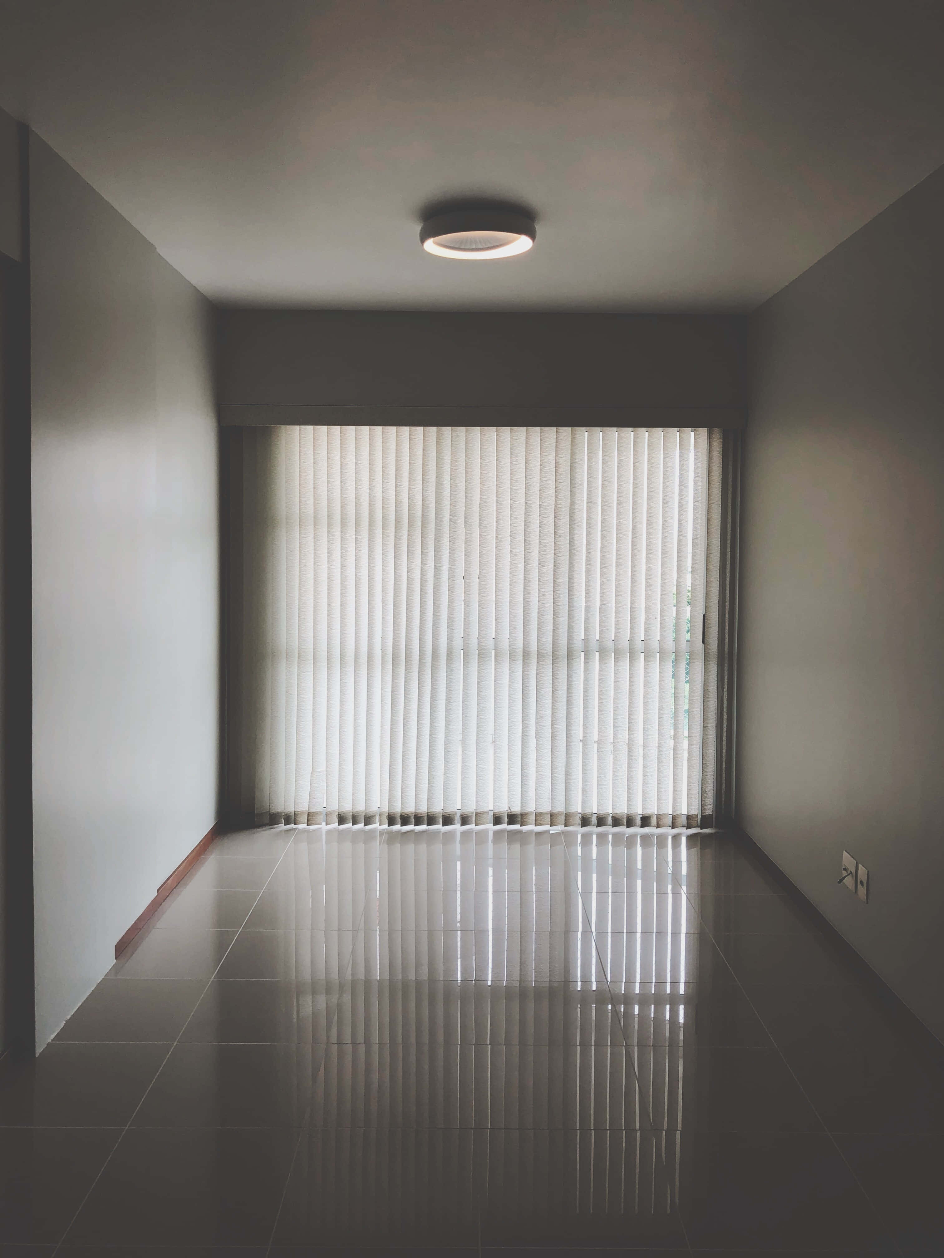 empty room, closed curtains, glossy tiled floors, 4K Phone Wallpaper