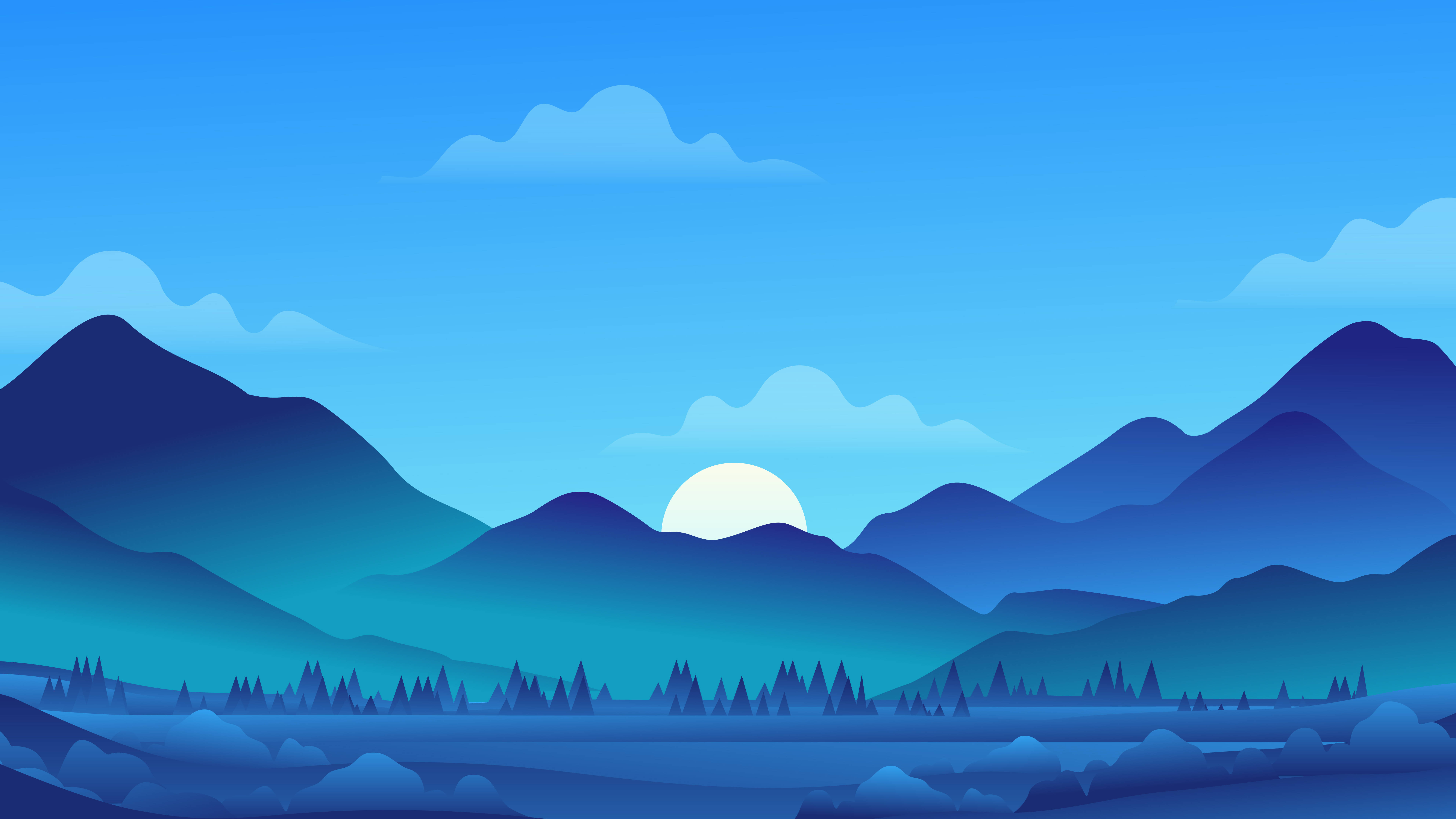 Simple Clean, blue mountain landscape, glowing sun, 8K Desktop Wallpaper