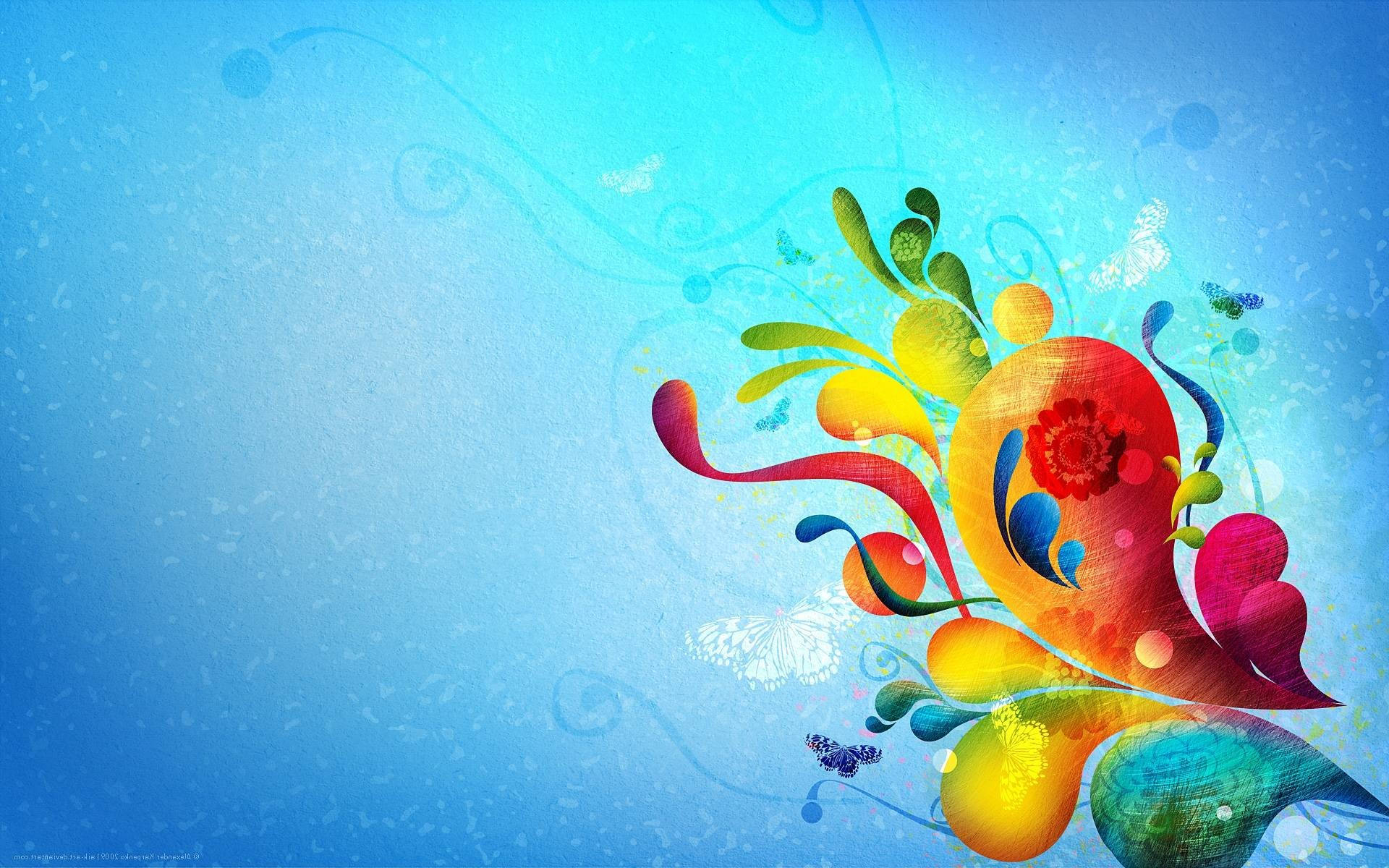 abstract floral swirls, rainbow hues, soft gradient blue background, Full HD Desktop Wallpaper