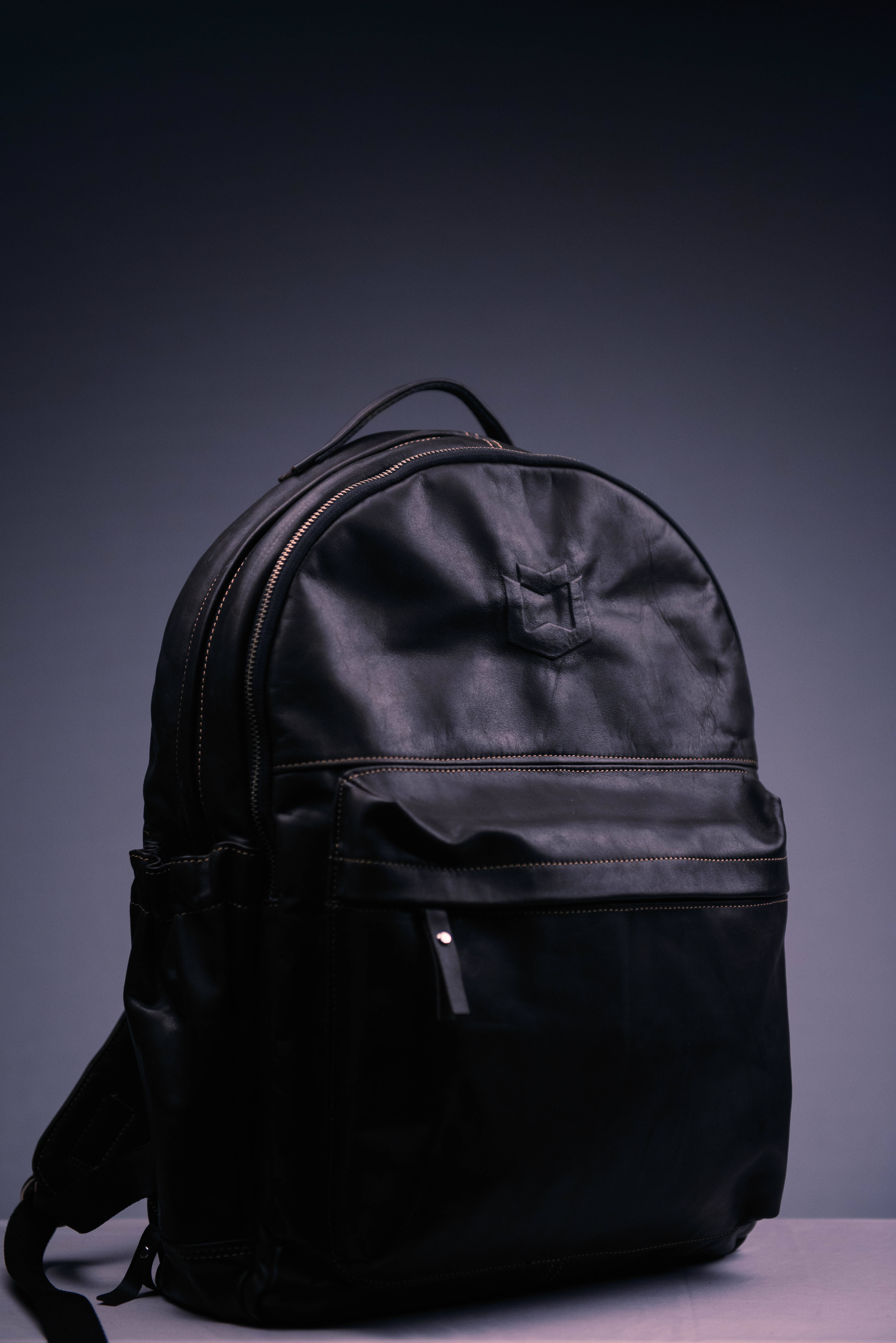 Simple Dark Aesthetic, black leather backpack, gold zippers, 5K Phone Wallpaper